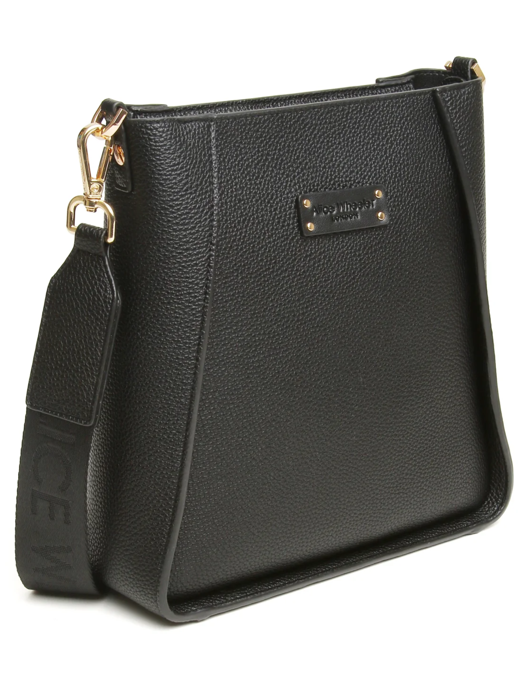 Alice Wheeler AW6233 Black Kensington Crossbody Bag with logo strap, zip fastening and textured vegan leather finish