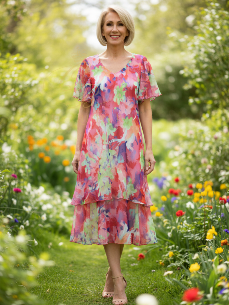 Allison Designs 4942 orange multicolour dress with layered skirt, V-neckline and floaty sleeves.