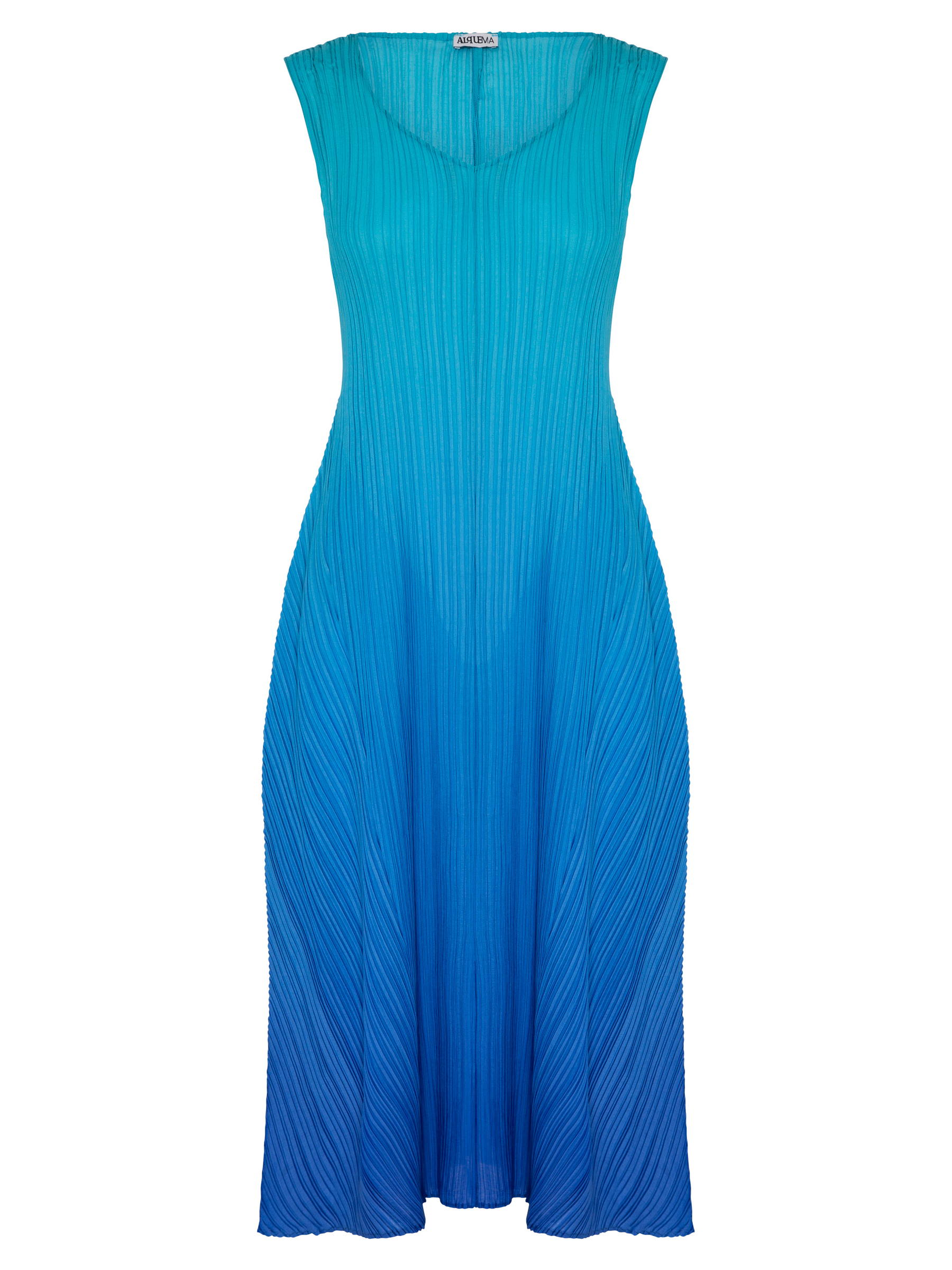 Alquema Blue Bird Dazzling Blue Dress & Coat hand-pleated dress and coat set in rich blue tones with fluid silhouette and draped open-front coat.