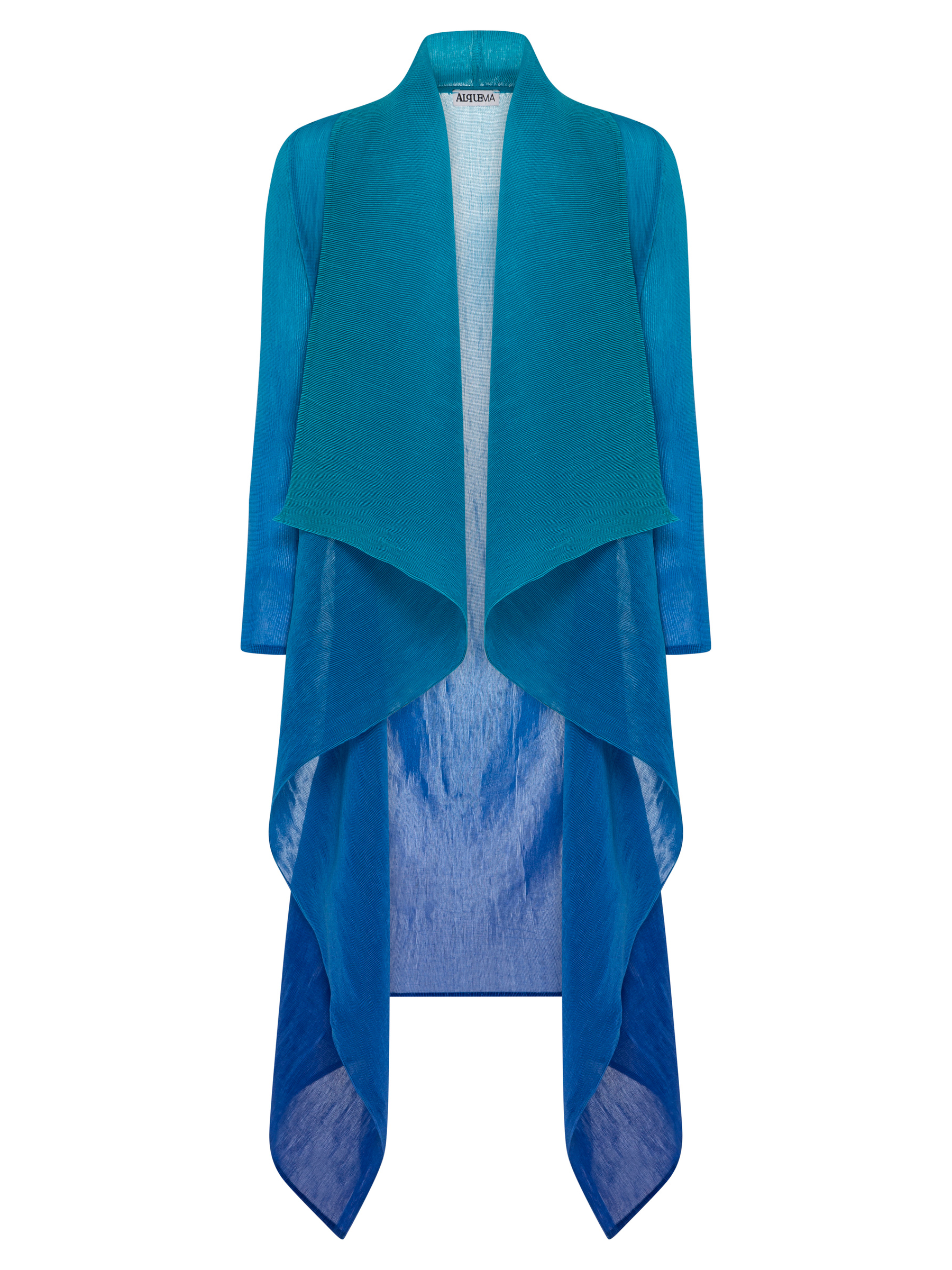 Alquema Blue Bird Dazzling Blue Dress & Coat hand-pleated dress and coat set in rich blue tones with fluid silhouette and draped open-front coat.