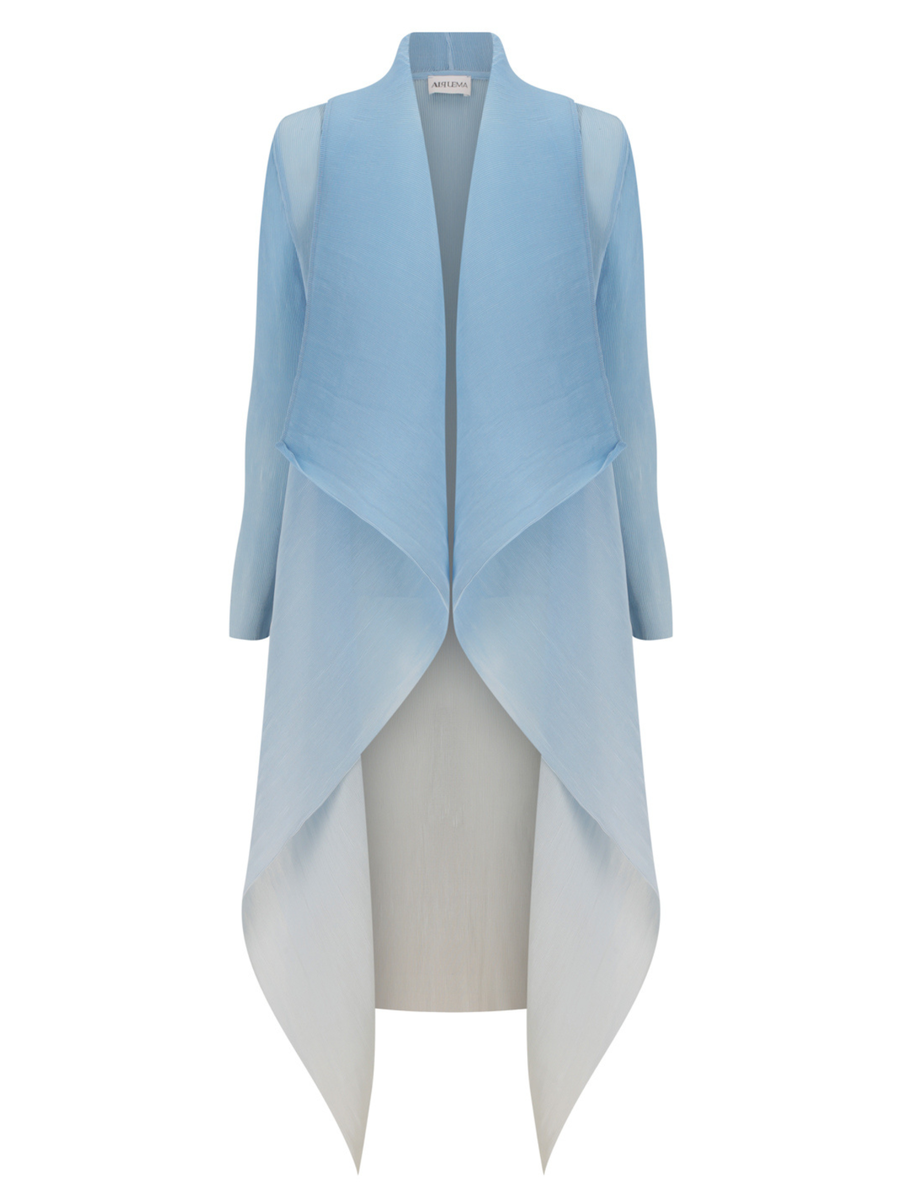 Alquema Blue Sky Ombre Dress & Coat hand-pleated dress and coat set with soft blue ombré, fluid silhouette and open-front drape coat.