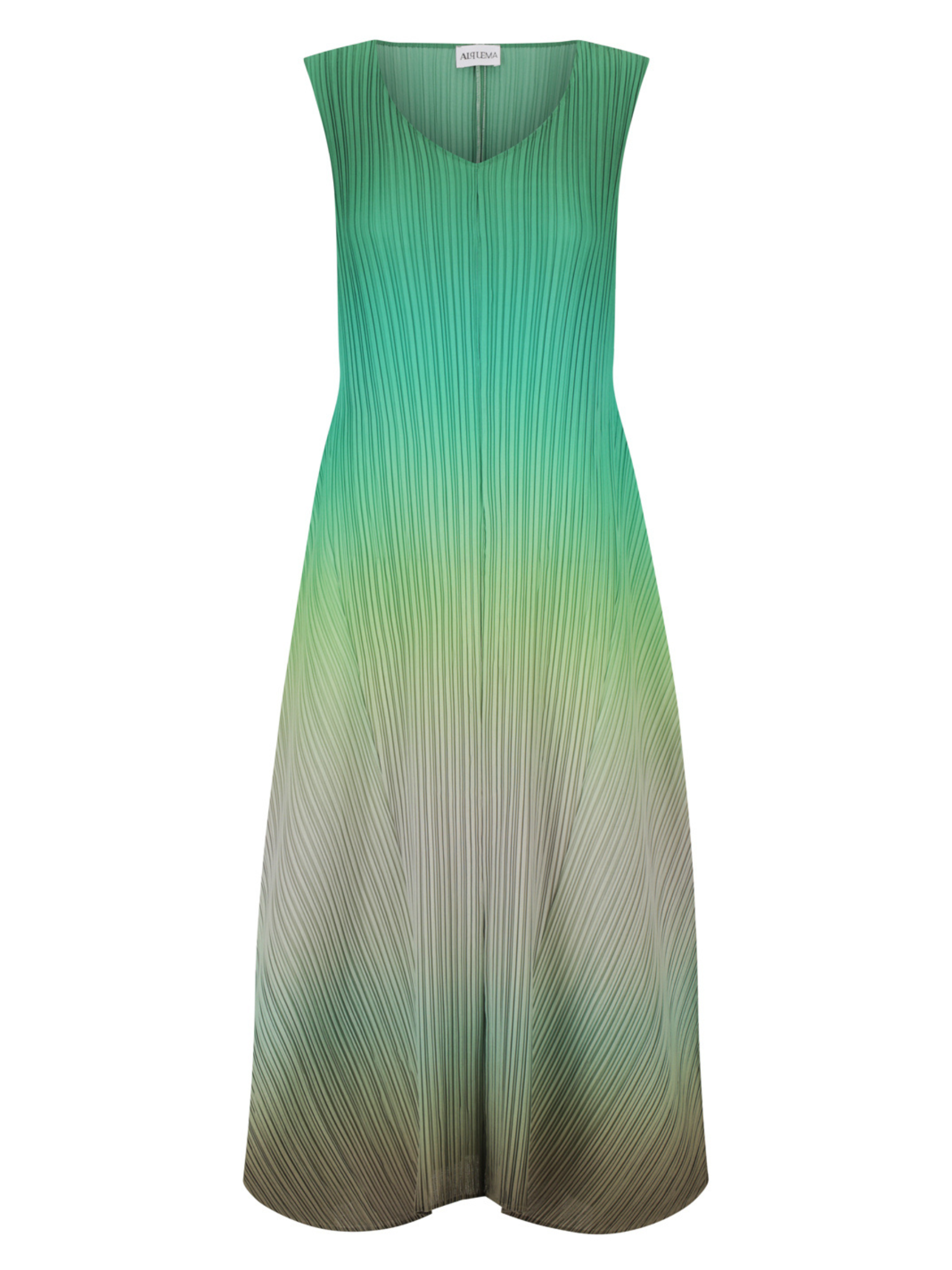 Alquema Green Tambourine Dress & Coat hand-pleated dress and coat set in rich green tones with fluid silhouette and open-front drape coat.