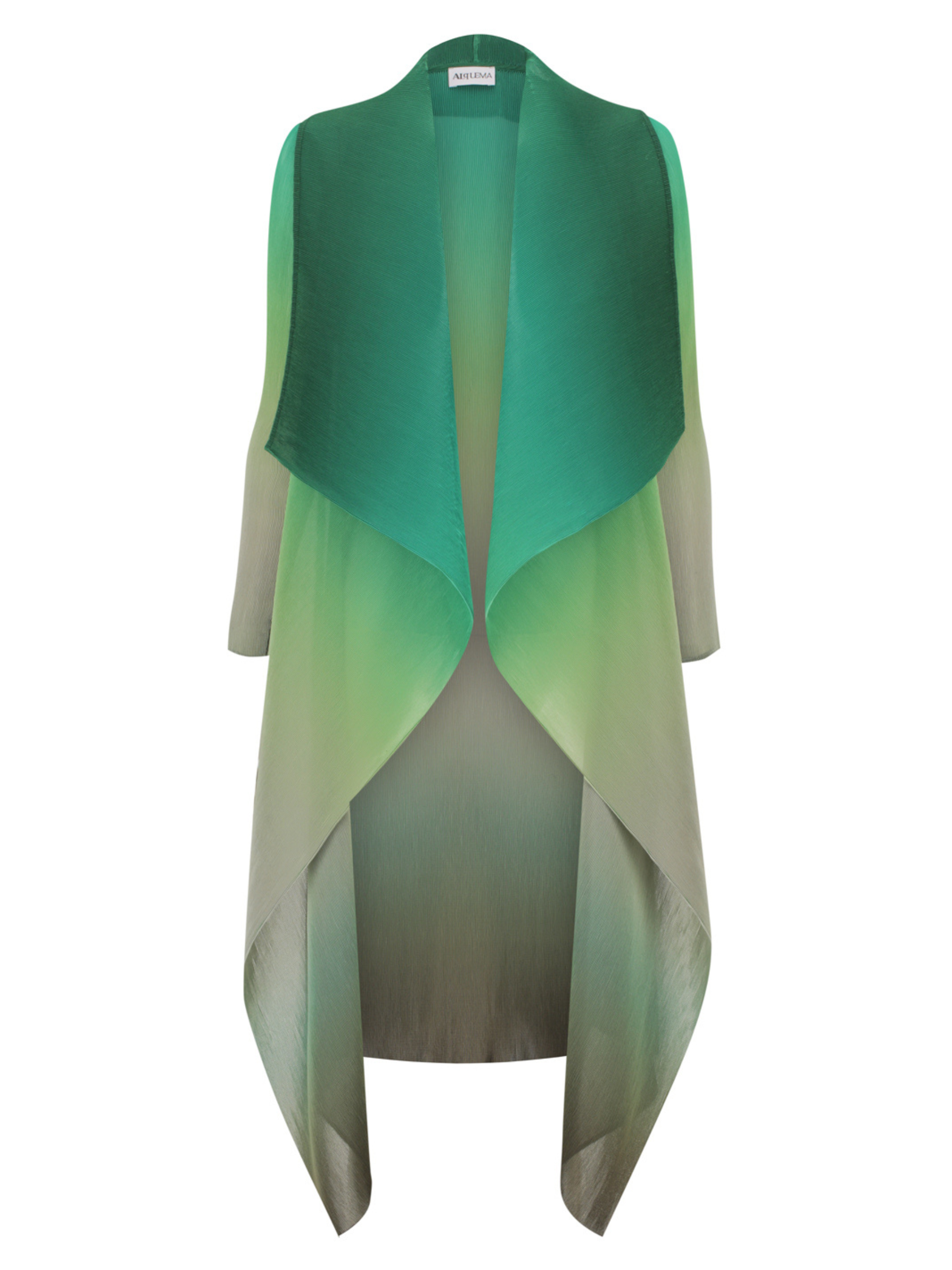 Alquema Green Tambourine Dress & Coat hand-pleated dress and coat set in rich green tones with fluid silhouette and open-front drape coat.