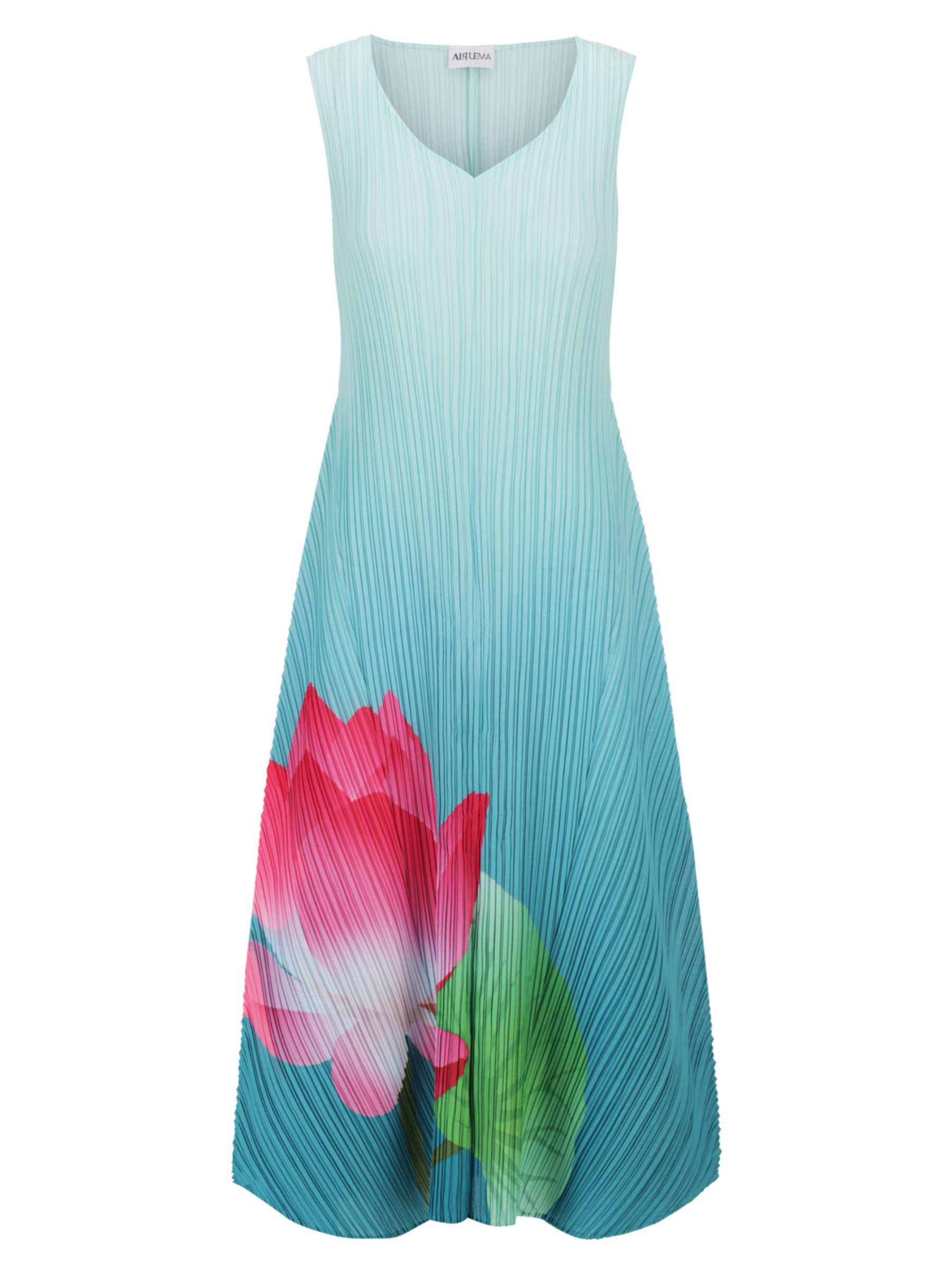 Alquema Lotus Dress & Coat turquoise hand-pleated dress and coat set with lotus floral print and flowing drape sleeves.