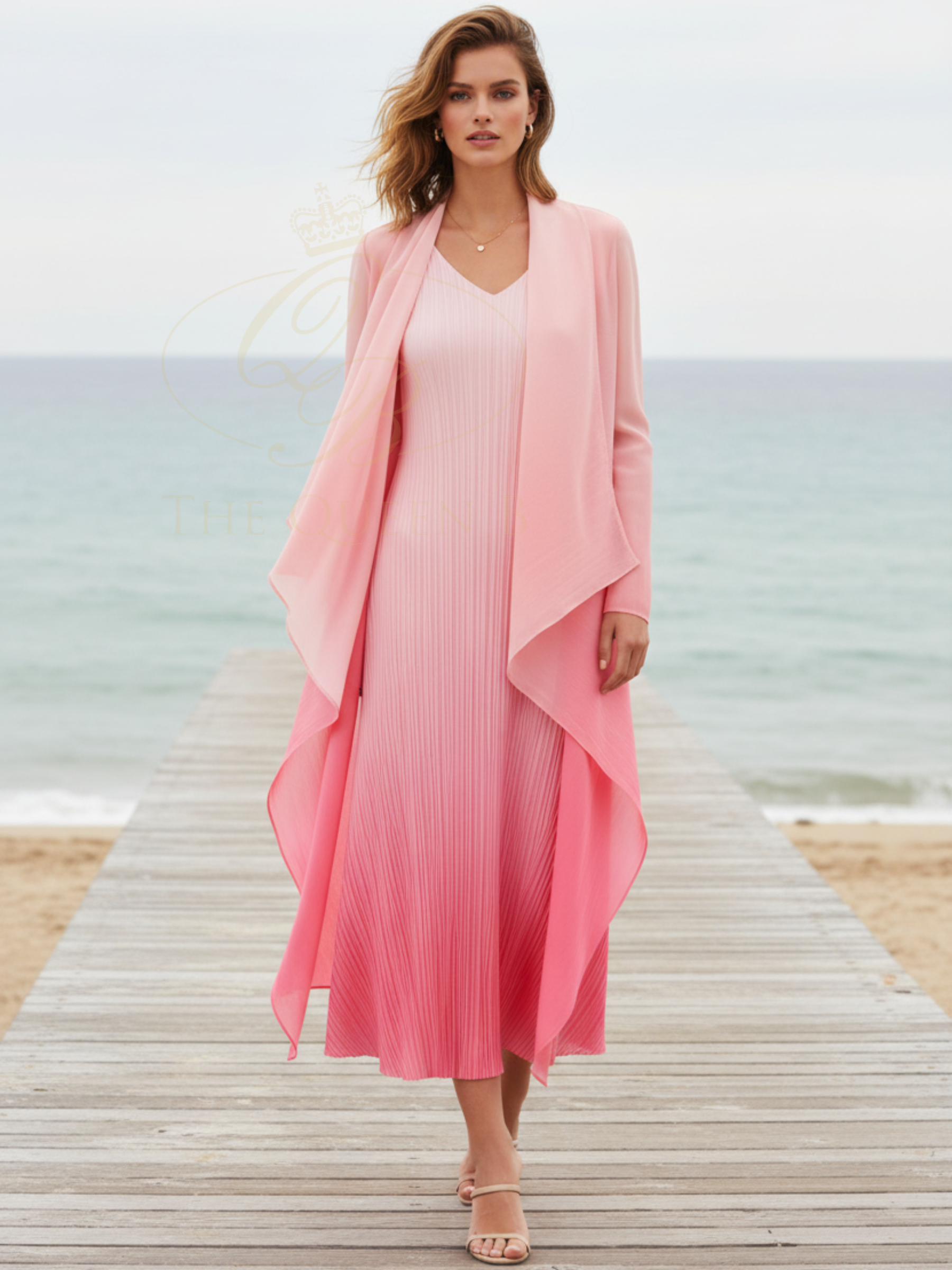 Alquema Primrose Pink Dress & Coat hand-pleated dress and coat set with soft pink ombré, fluid silhouette and open-front drape coat.