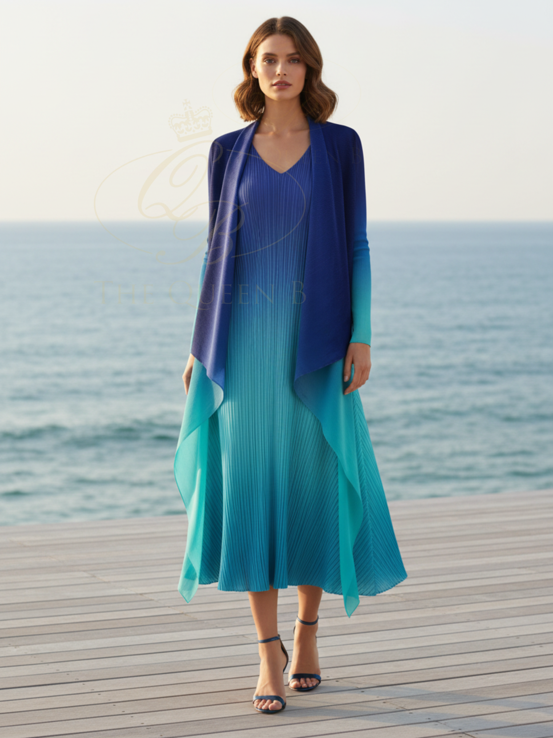 Alquema Scuba Blues Dress & Coat hand-pleated dress and coat set with navy and turquoise ombré, fluid silhouette and open-front drape coat.