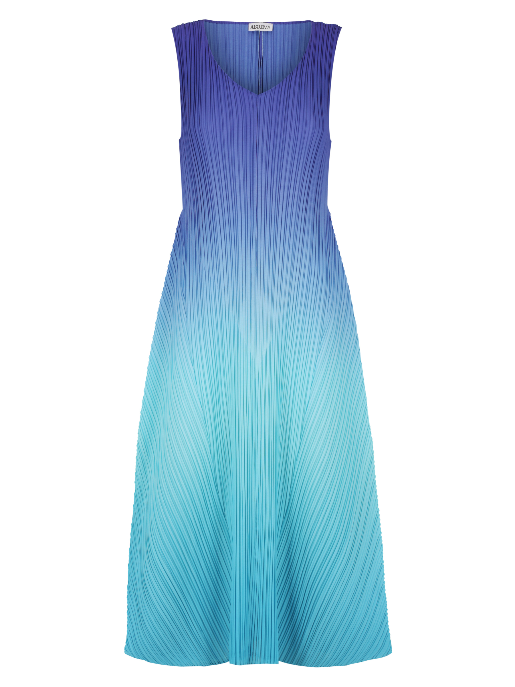 Alquema Scuba Blues Dress & Coat hand-pleated dress and coat set with navy and turquoise ombré, fluid silhouette and open-front drape coat.