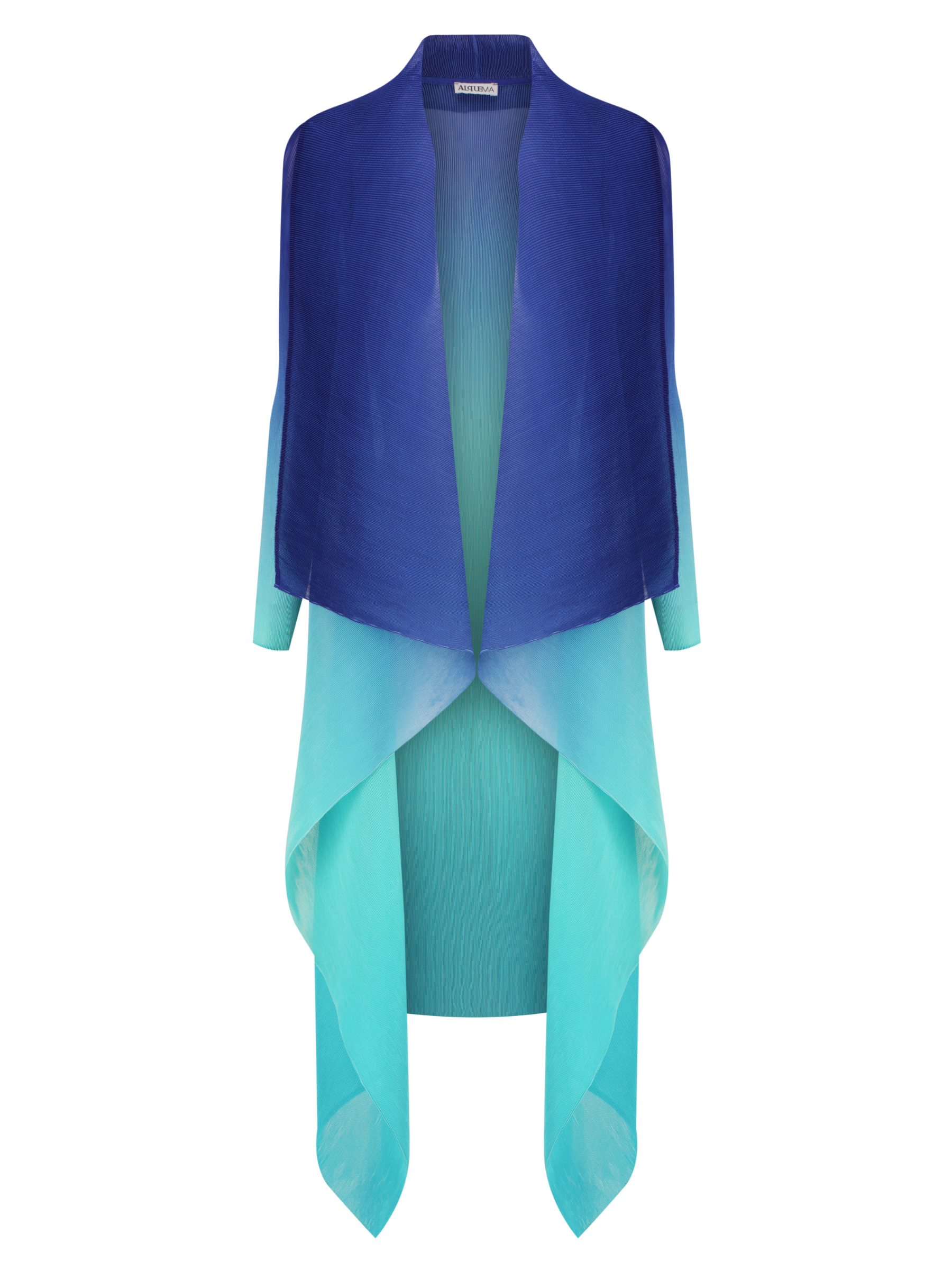 Alquema Scuba Blues Dress & Coat hand-pleated dress and coat set with navy and turquoise ombré, fluid silhouette and open-front drape coat.