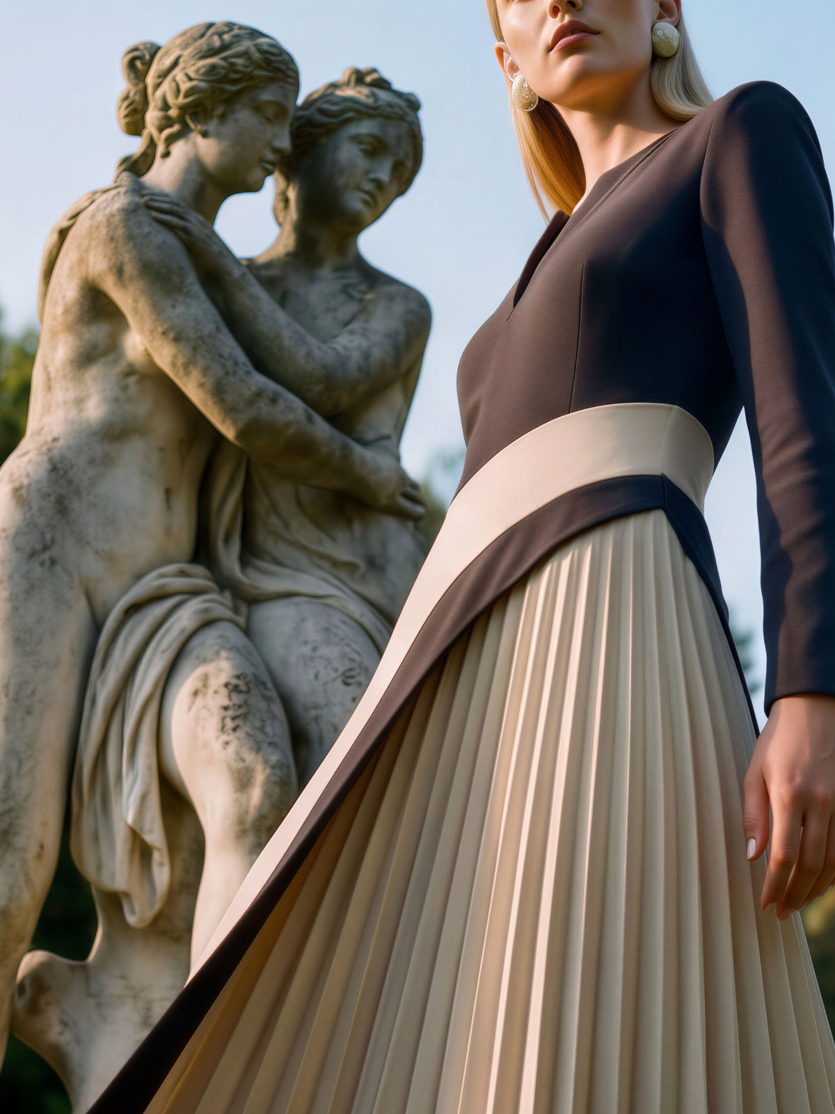 Arggido 21061 Bicolour Pleated Dress with split neckline, long sleeves, contrast panel detailing and pleated midi skirt.