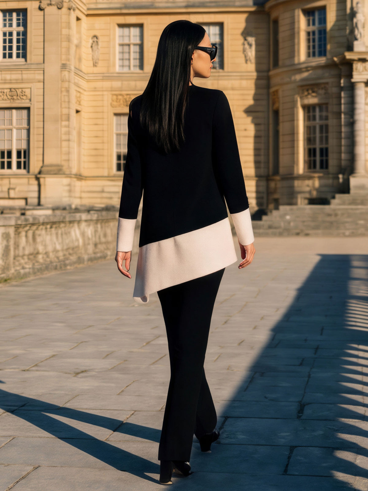 Arggido 21070 Blouse & Trouser Outfit Set with asymmetric contrast blouse and coordinating straight leg trousers.