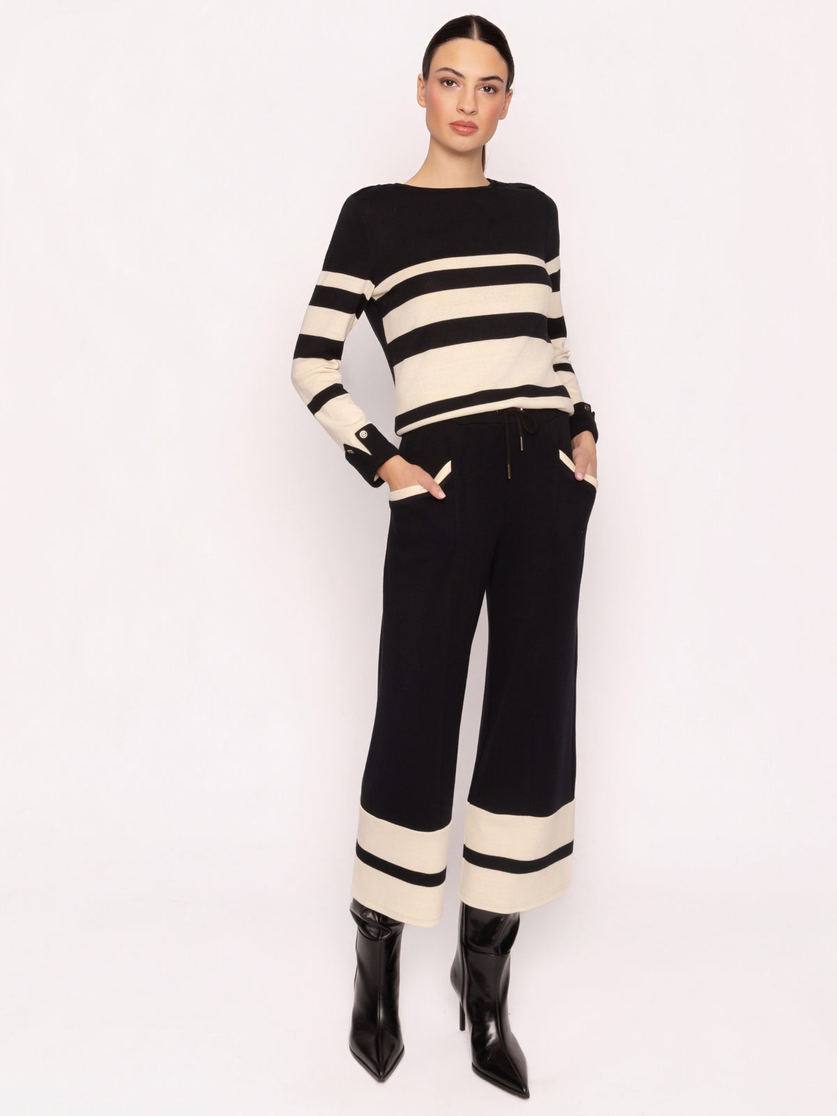 Arggido 21086 Sweater & Trouser Outfit Set with striped long sleeve sweater and matching wide leg trousers.