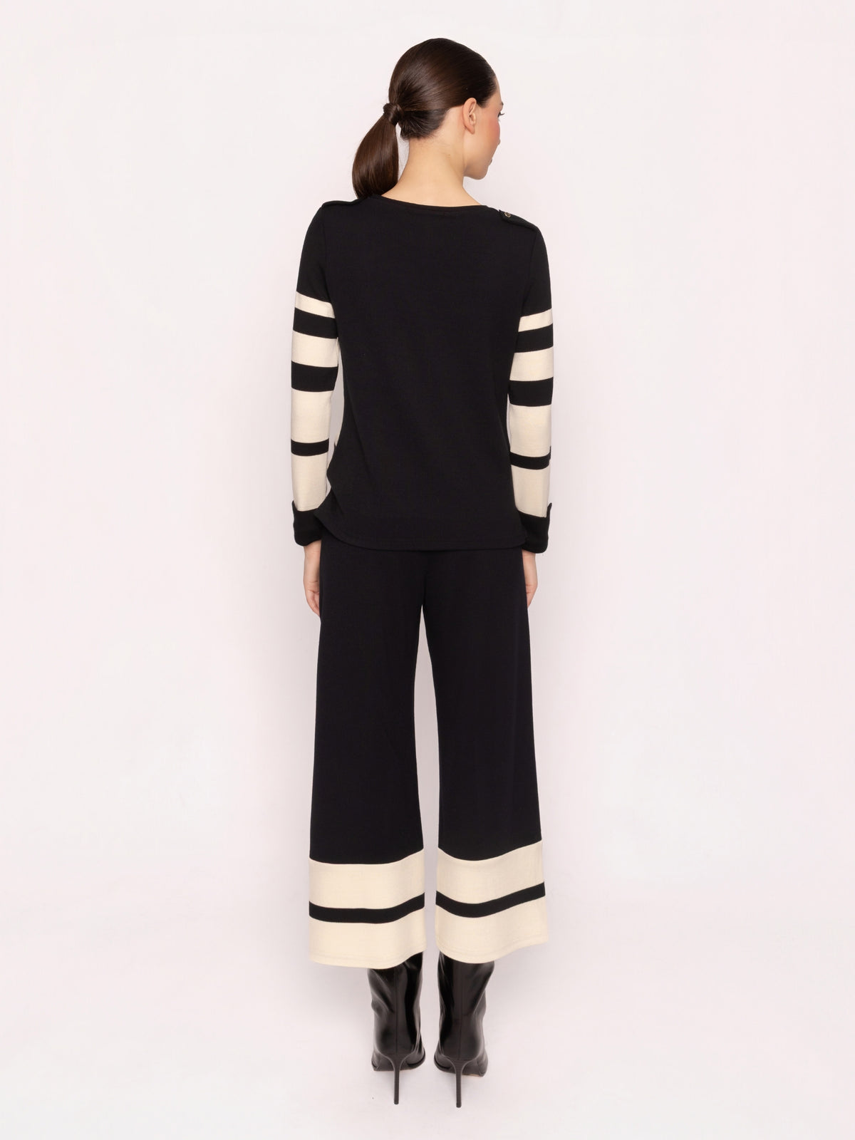 Arggido 21086 Sweater & Trouser Outfit Set with striped long sleeve sweater and matching wide leg trousers.