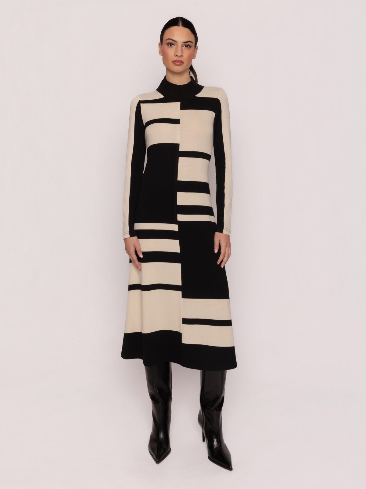 Arggido 21088 Midi Dress with geometric contrast knit pattern, high neckline, long sleeves and flared midi skirt.
