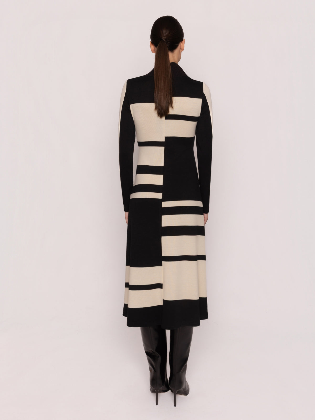 Arggido 21088 Midi Dress with geometric contrast knit pattern, high neckline, long sleeves and flared midi skirt.