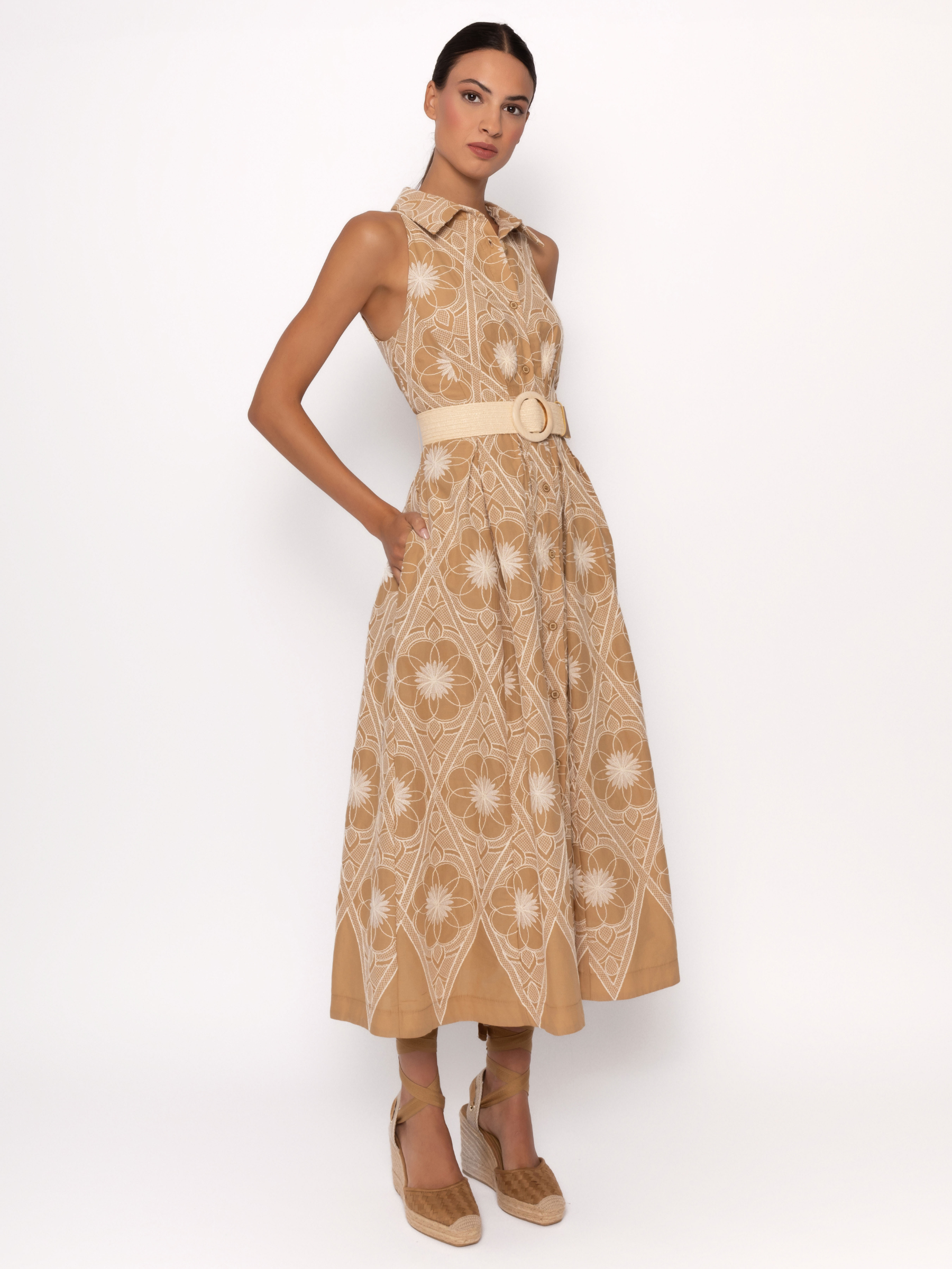 Arggido 49567 belted shirtwaist midi dress with sleeveless collared neckline, button-through front and flowing A-line skirt.