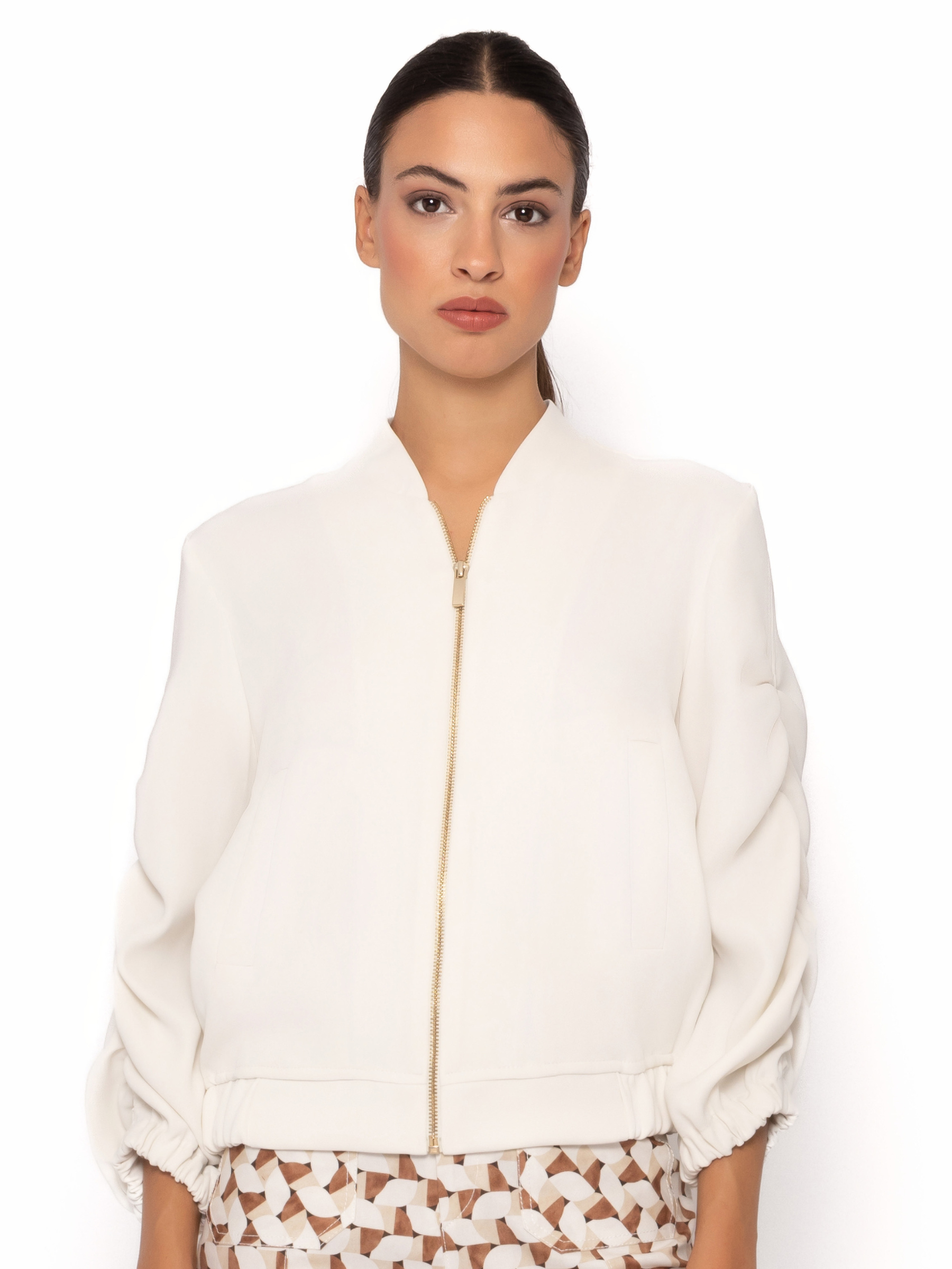 Arggido 49632 Bomber Jacket with zip front closure, gathered sleeves and relaxed bomber silhouette.