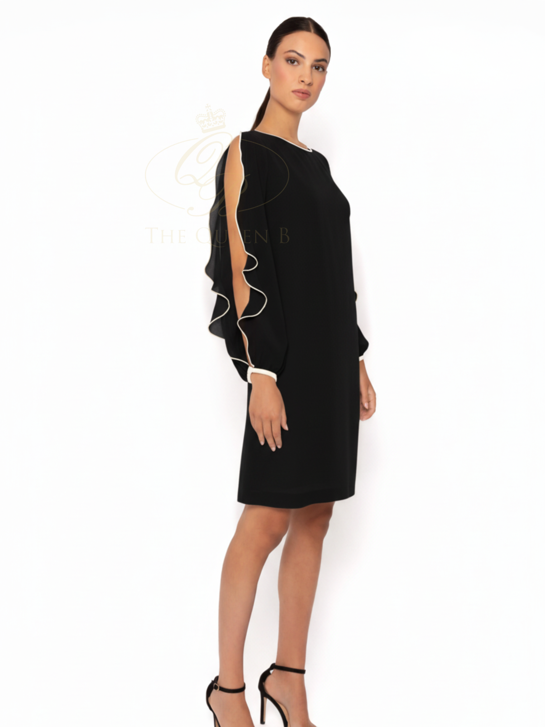 Arggido 49664 Open Sleeve Dress with ruffle sleeve detail and relaxed shift silhouette.