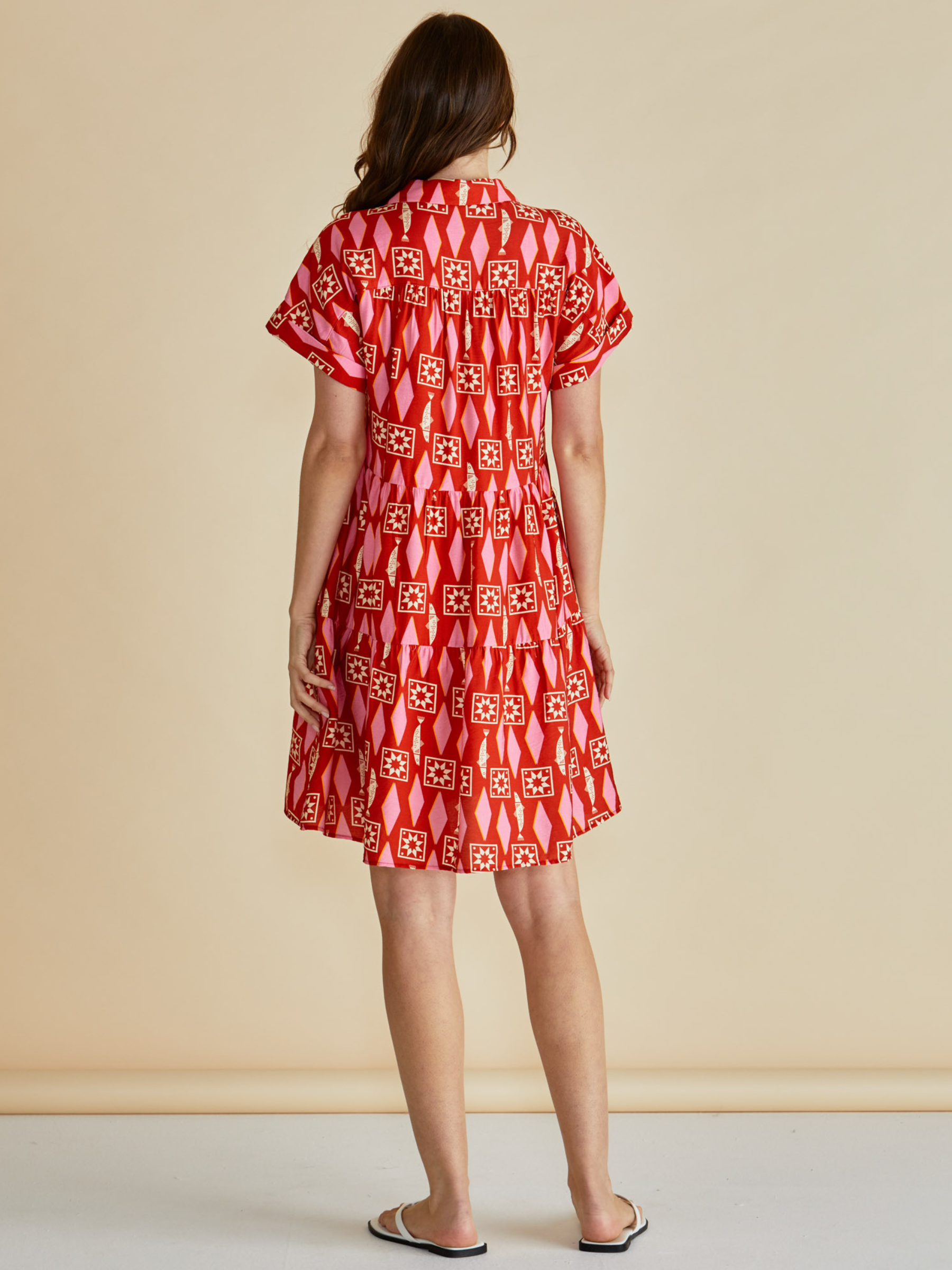 Betty Copacabana Shirt Dress with button-through front, short sleeves and tiered relaxed silhouette.