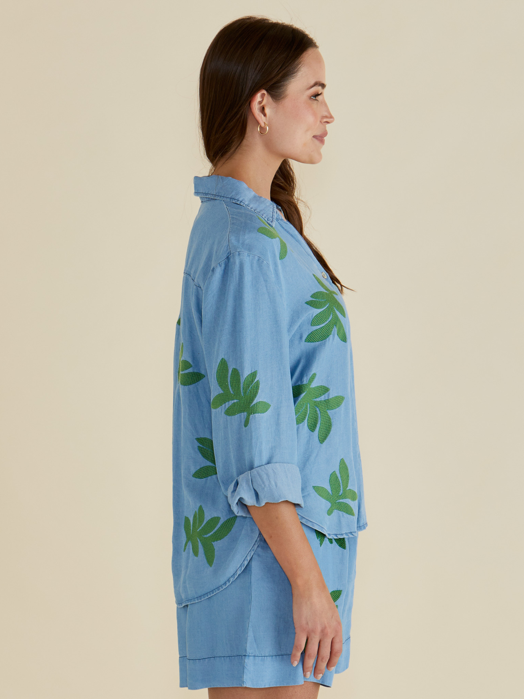 Betty Daria Lyocell Shirt with collar, button-through front, roll-up sleeves and embroidered leaf detailing.