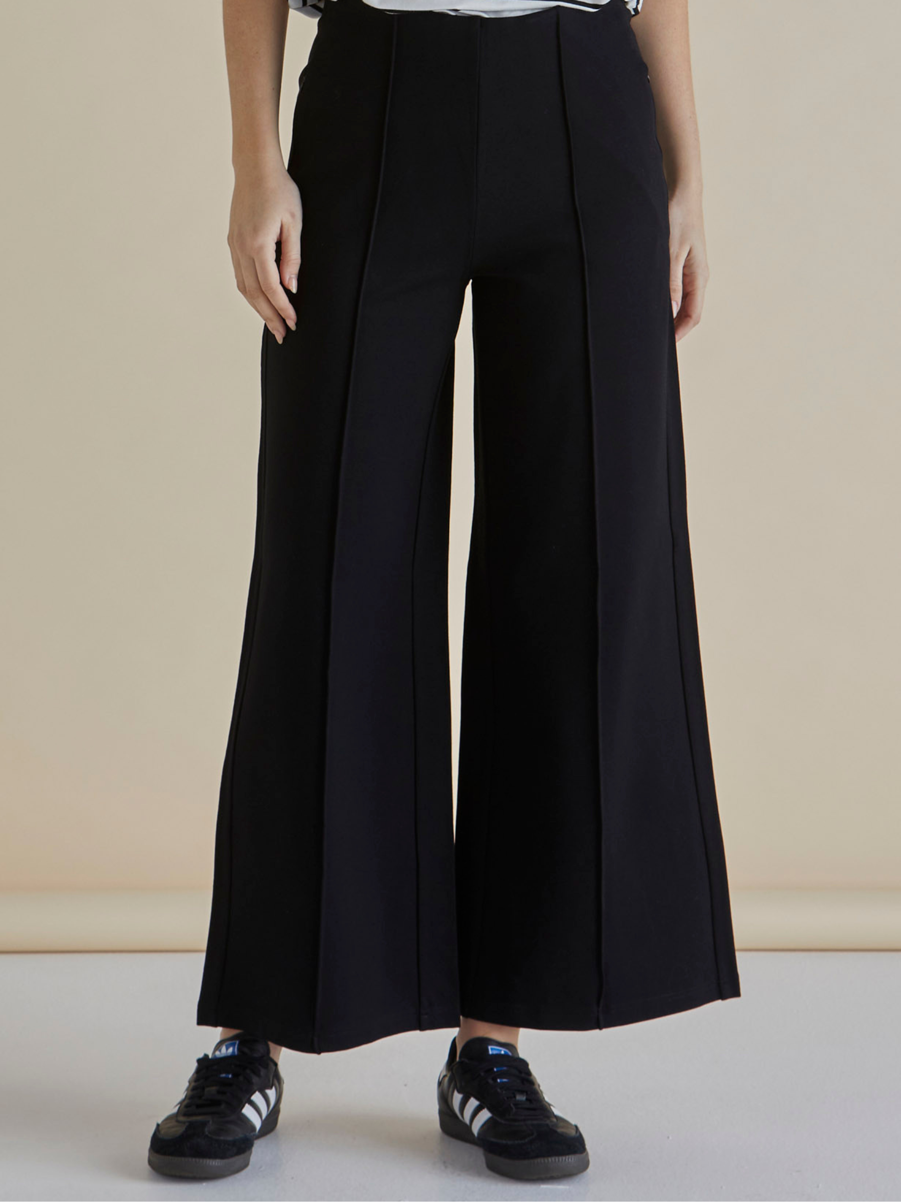 Betty Elodie Wide Leg Ponte Pant with wide-leg silhouette, pull-on waist and front seam detailing