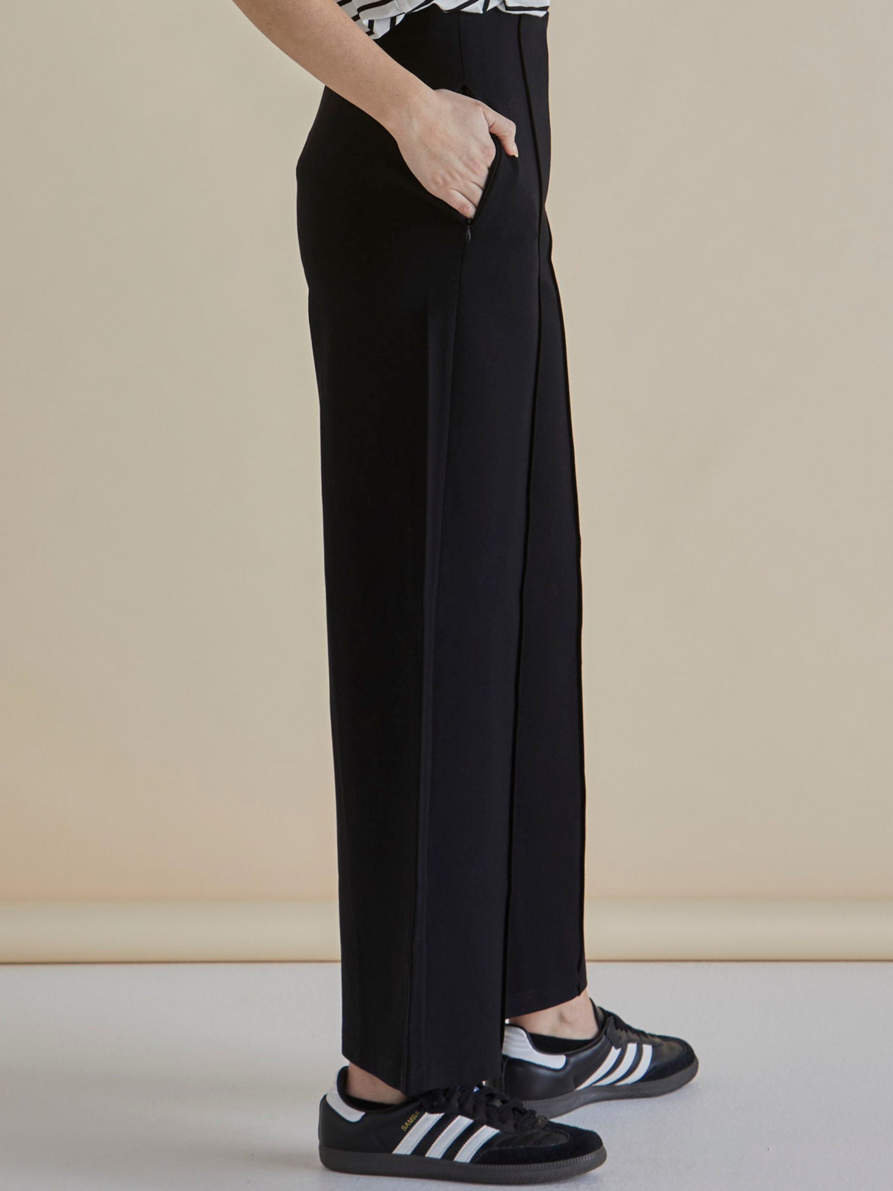 Betty Elodie Wide Leg Ponte Pant with wide-leg silhouette, pull-on waist and front seam detailing