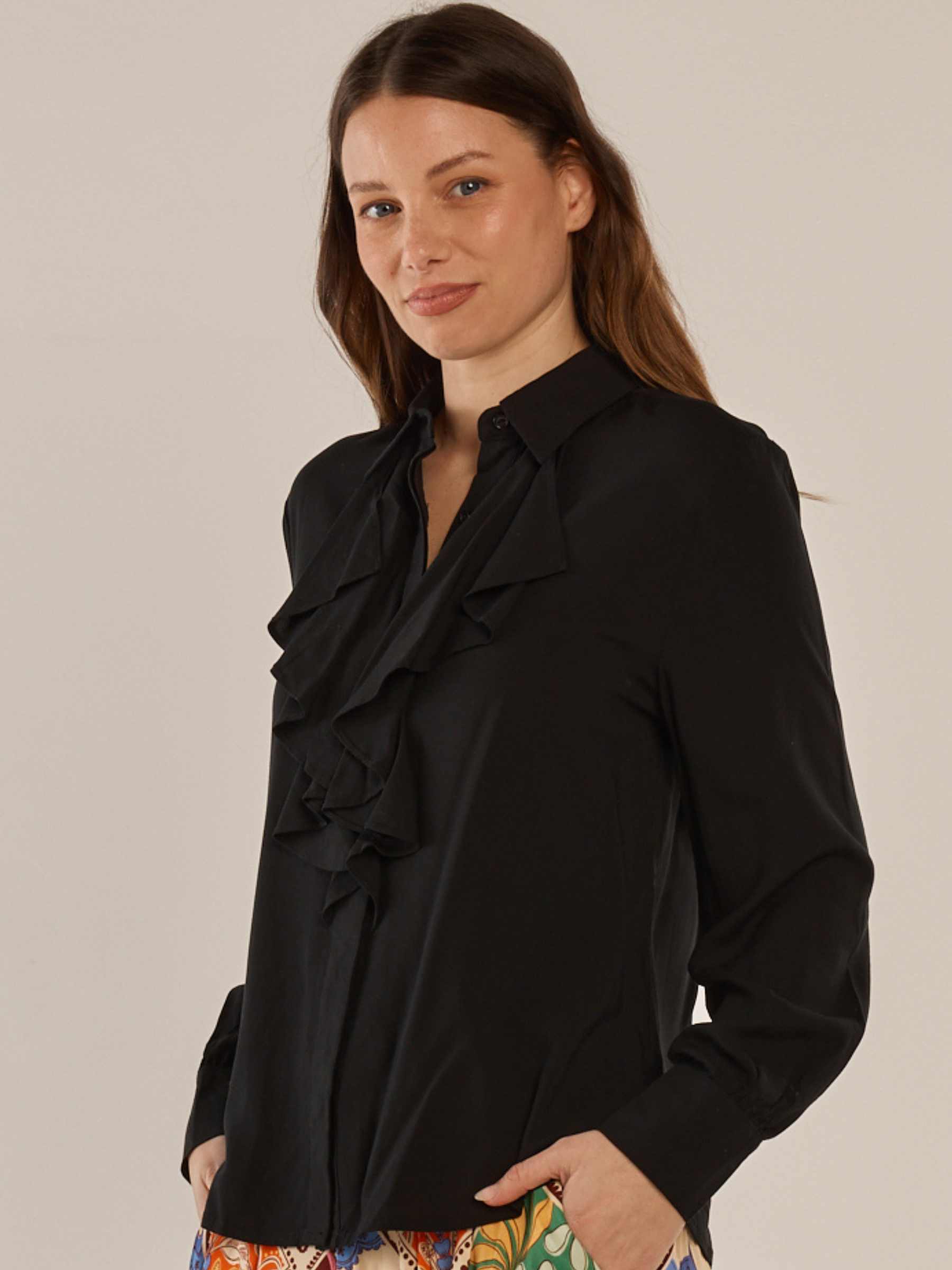 Betty Frida Frill Shirt with classic collar, button-through front and cascading frill detail