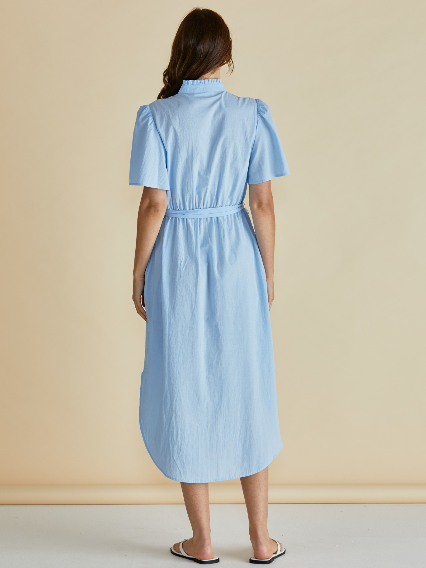 Betty Immie Dress with stand collar, button-through front, flutter sleeves and self-tie waist belt.
