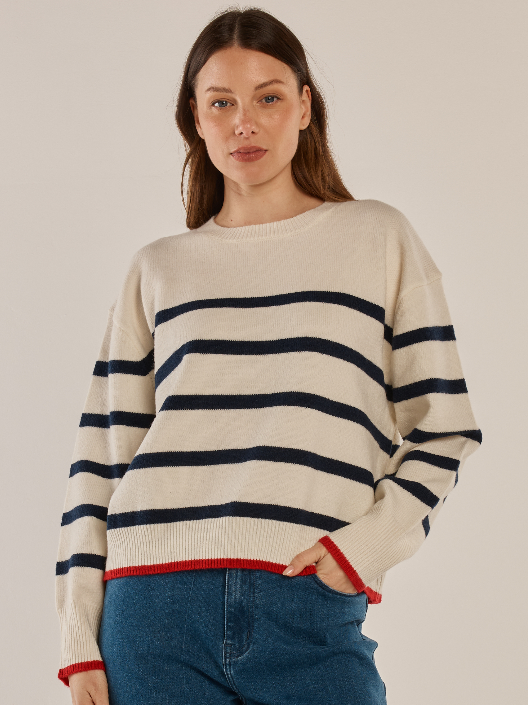 Betty Leonie Knit Sweater with round neckline, long sleeves, striped design and contrast trim detail