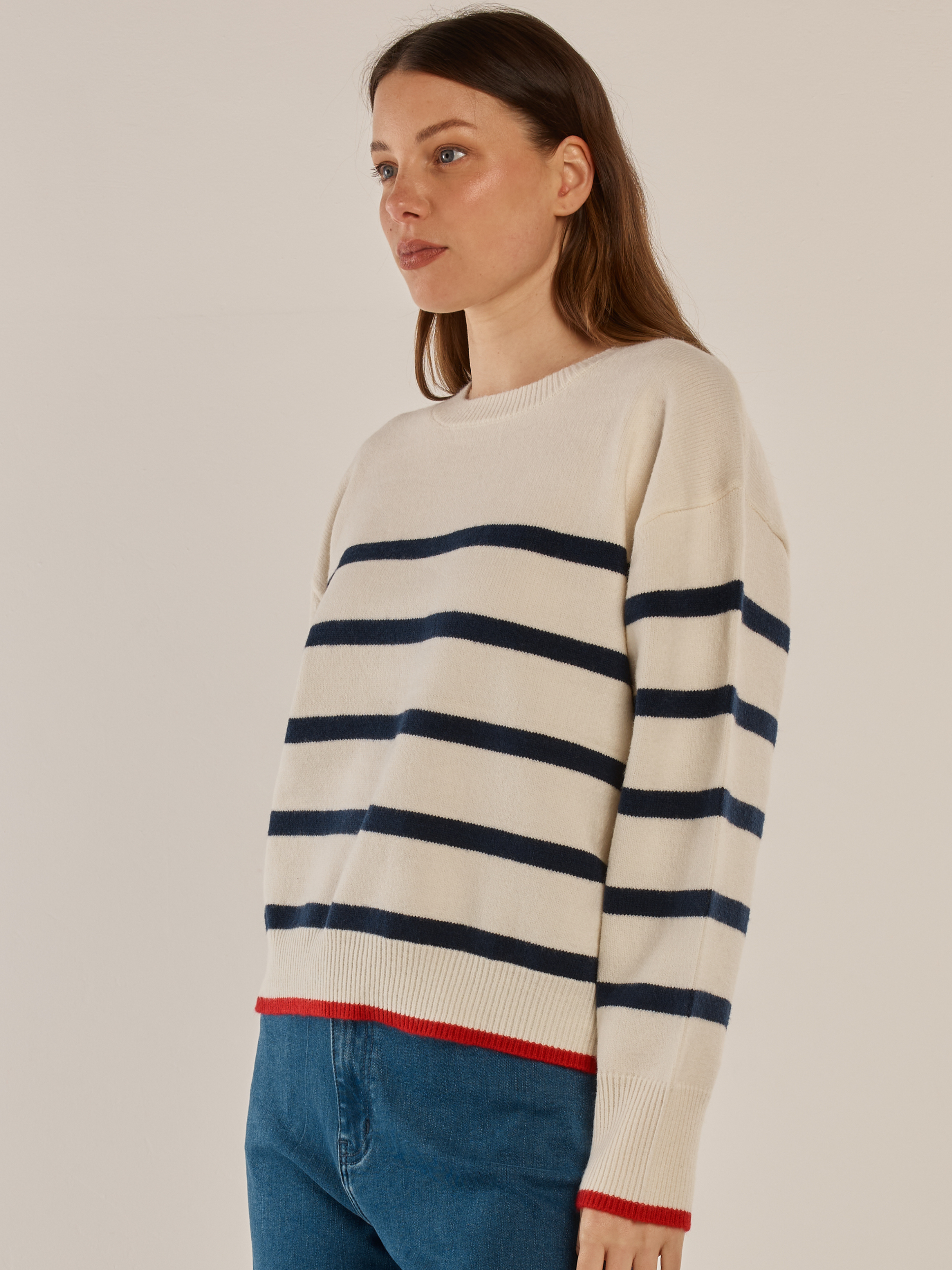 Betty Leonie Knit Sweater with round neckline, long sleeves, striped design and contrast trim detail