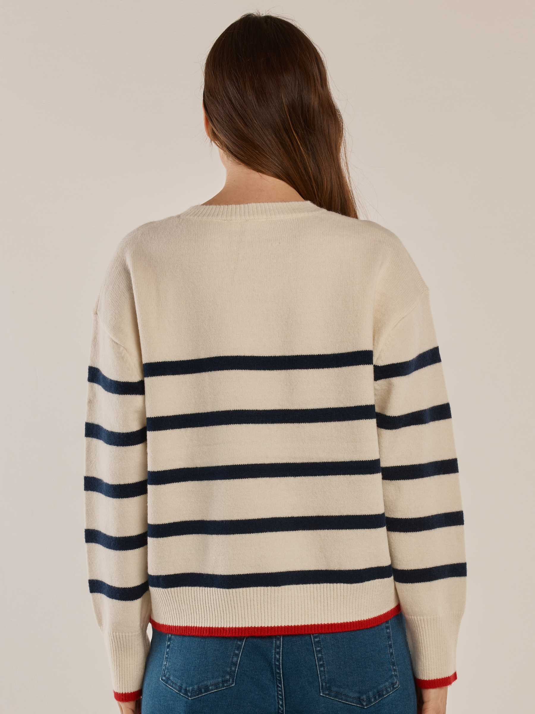 Betty Leonie Knit Sweater with round neckline, long sleeves, striped design and contrast trim detail