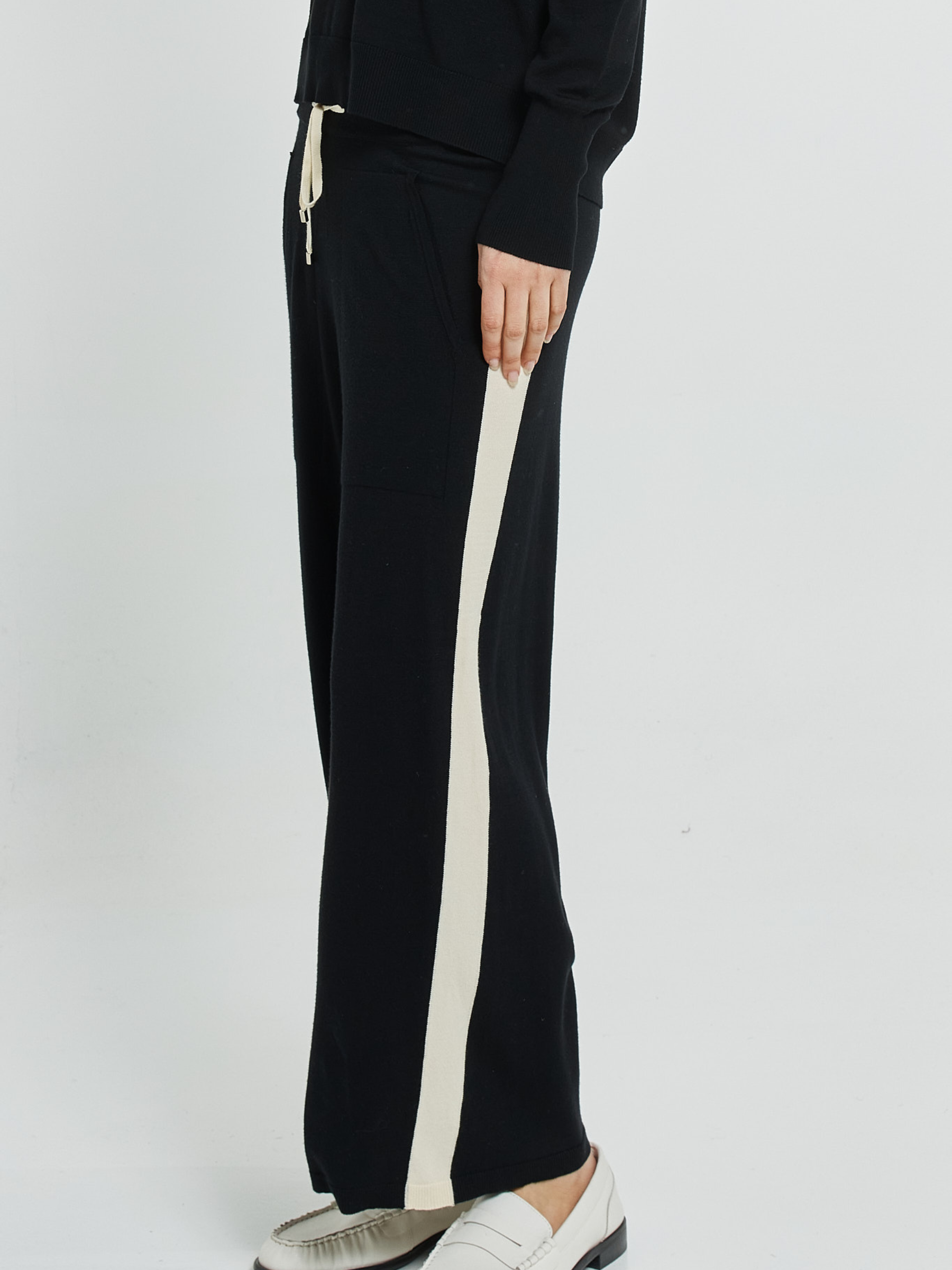 Betty Makenna Knit Pant wide leg knit trousers with drawstring waistband and side stripe detail