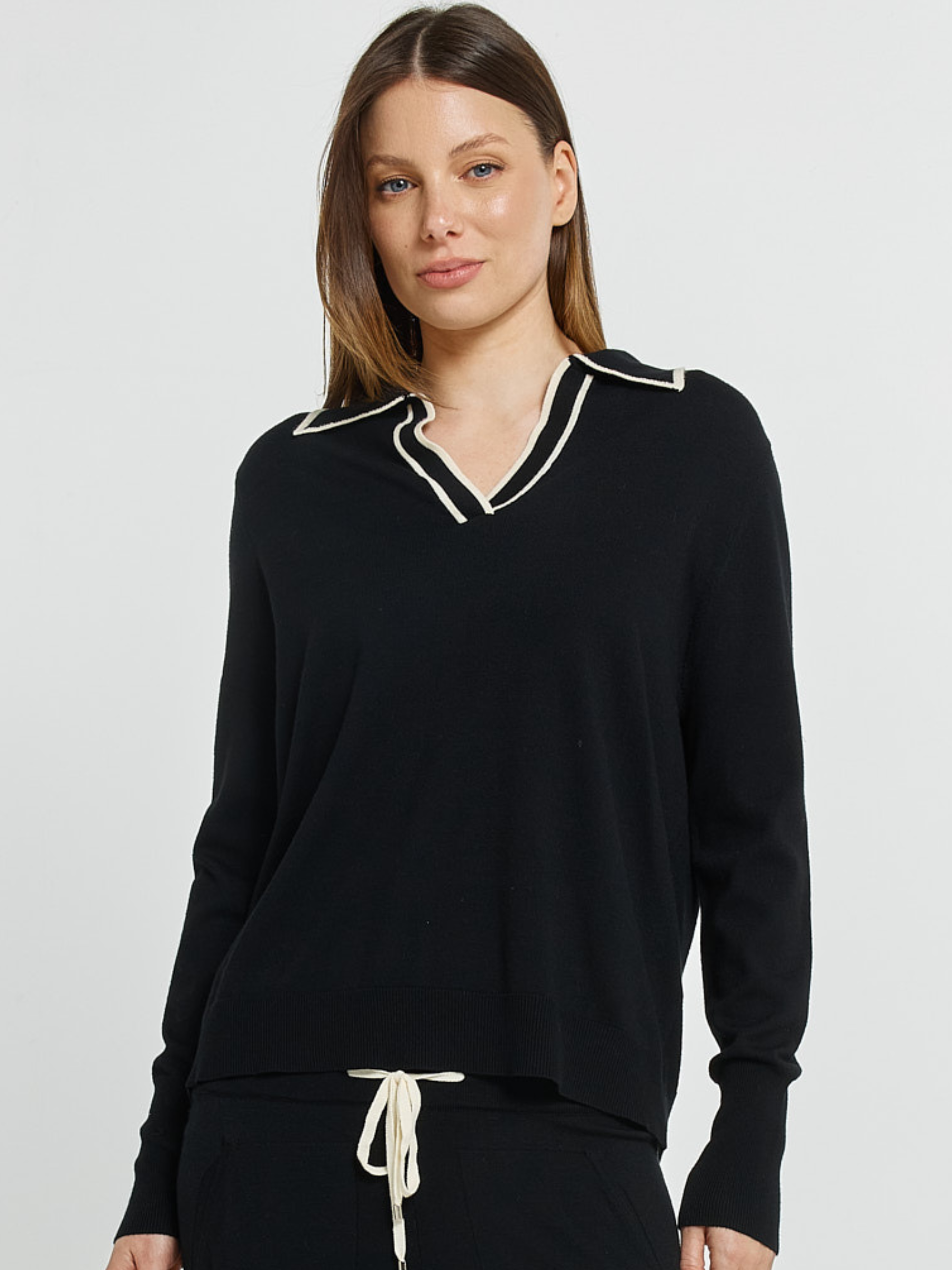 Betty Makenna Polo Sweater relaxed knit top with polo neckline, contrast trim and long sleeves
