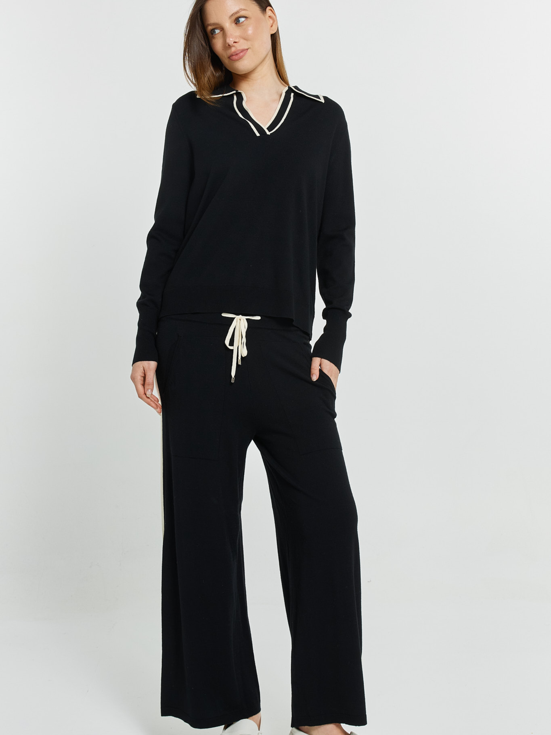 Betty Makenna Polo Sweater relaxed knit top with polo neckline, contrast trim and long sleeves