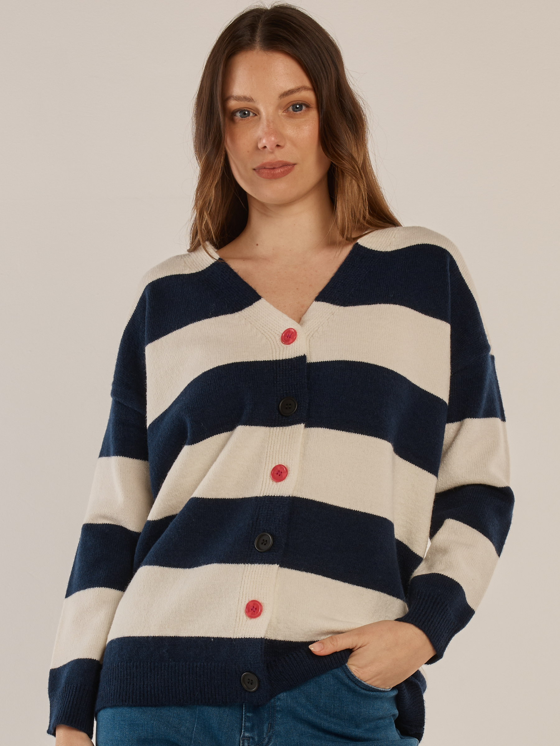 Betty Maybelle Knit Cardigan with V-neckline, long sleeves, striped design and contrast button front detail