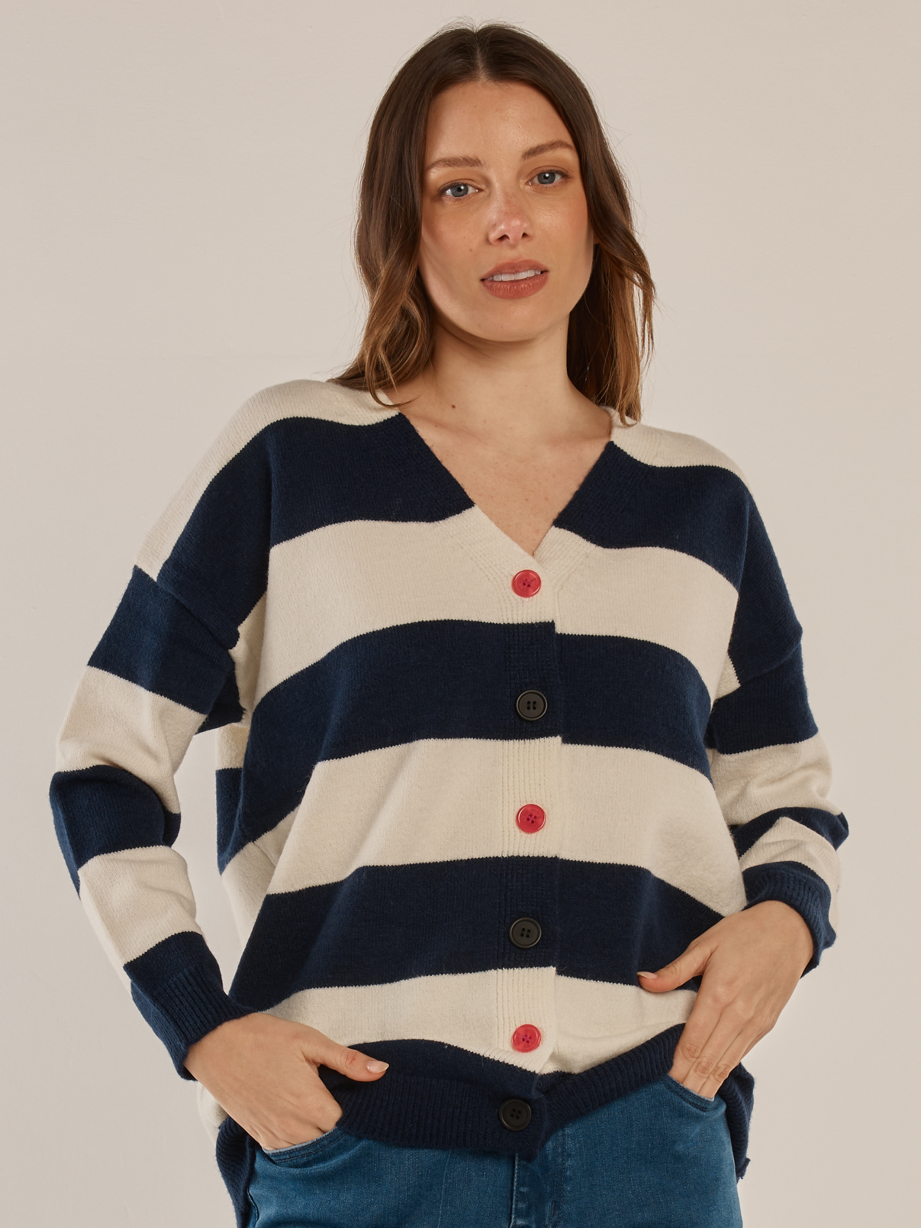 Betty Maybelle Knit Cardigan with V-neckline, long sleeves, striped design and contrast button front detail