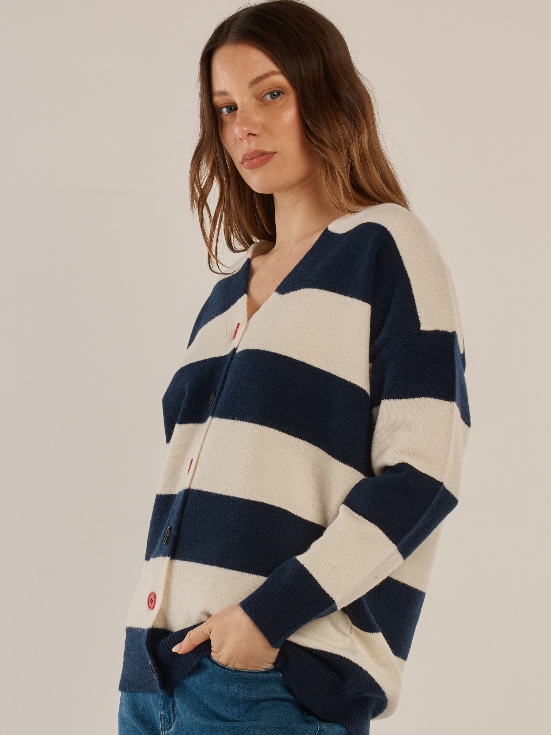 Betty Maybelle Knit Cardigan with V-neckline, long sleeves, striped design and contrast button front detail
