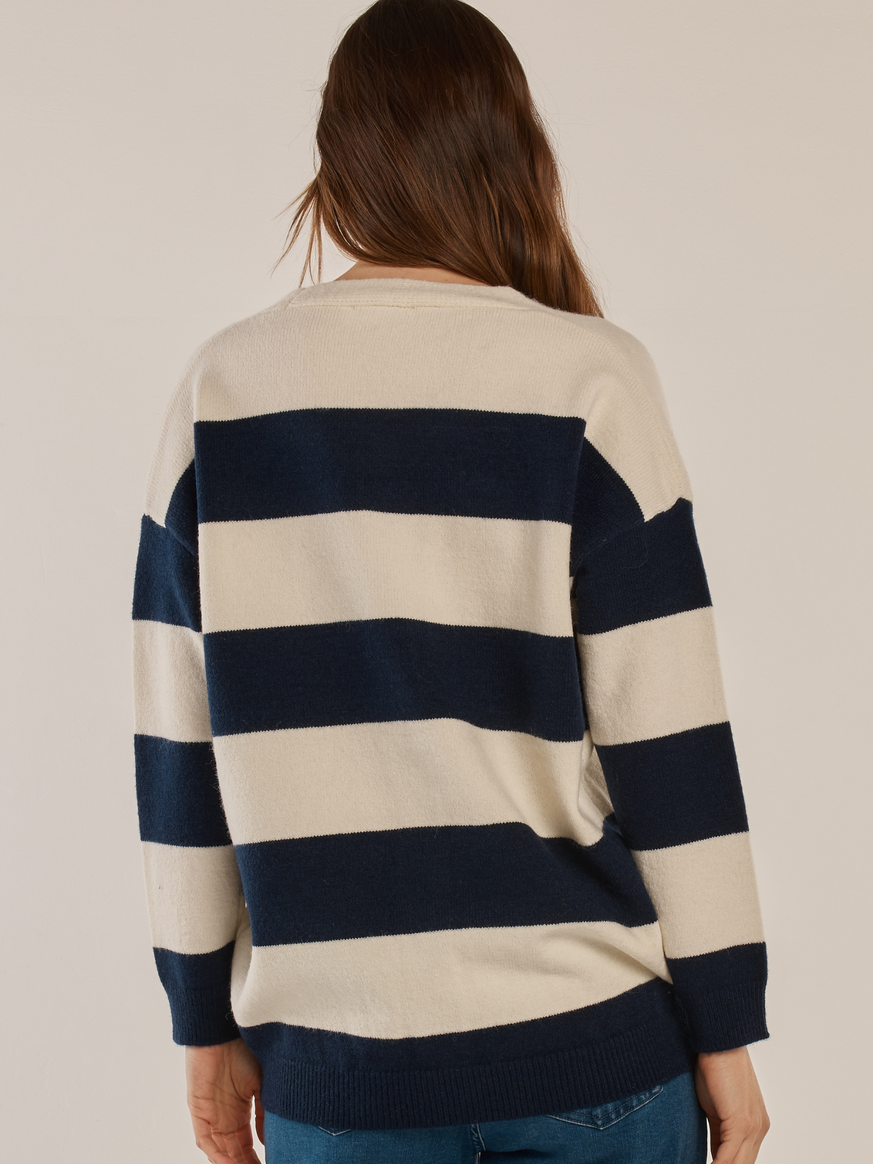 Betty Maybelle Knit Cardigan with V-neckline, long sleeves, striped design and contrast button front detail