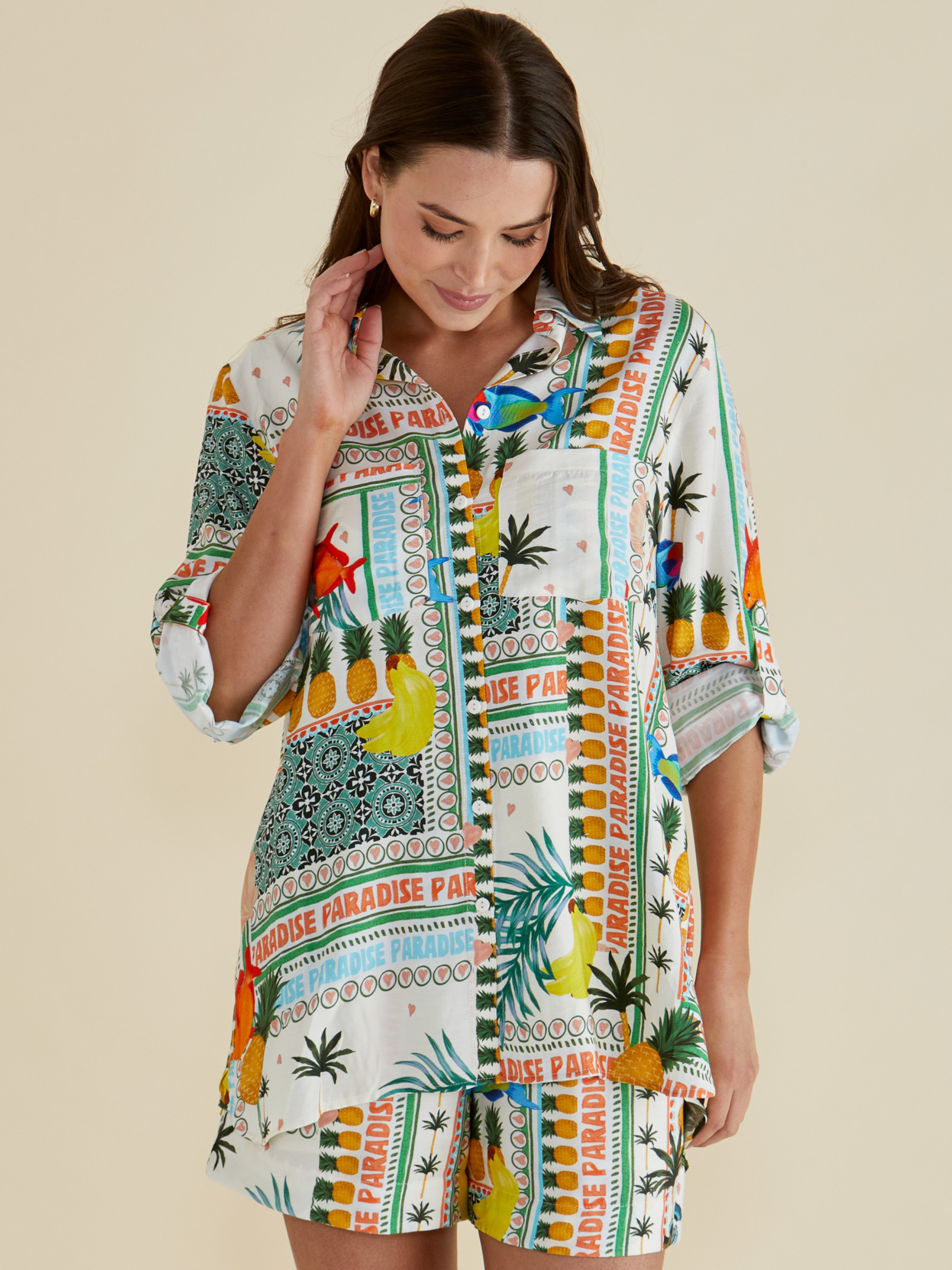 Betty Mills Shirt with classic collar, button-through front and colourful tropical “Paradise” patchwork print designed to match Malta Shorts.