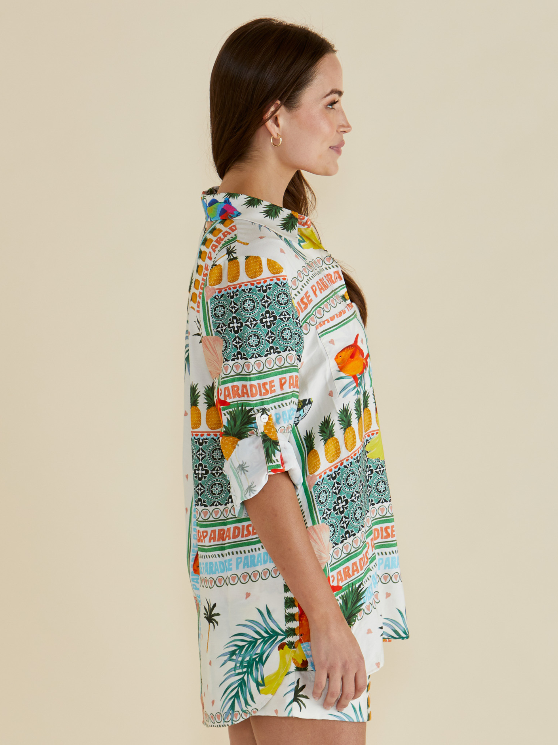 Betty Mills Shirt with classic collar, button-through front and colourful tropical “Paradise” patchwork print designed to match Malta Shorts.