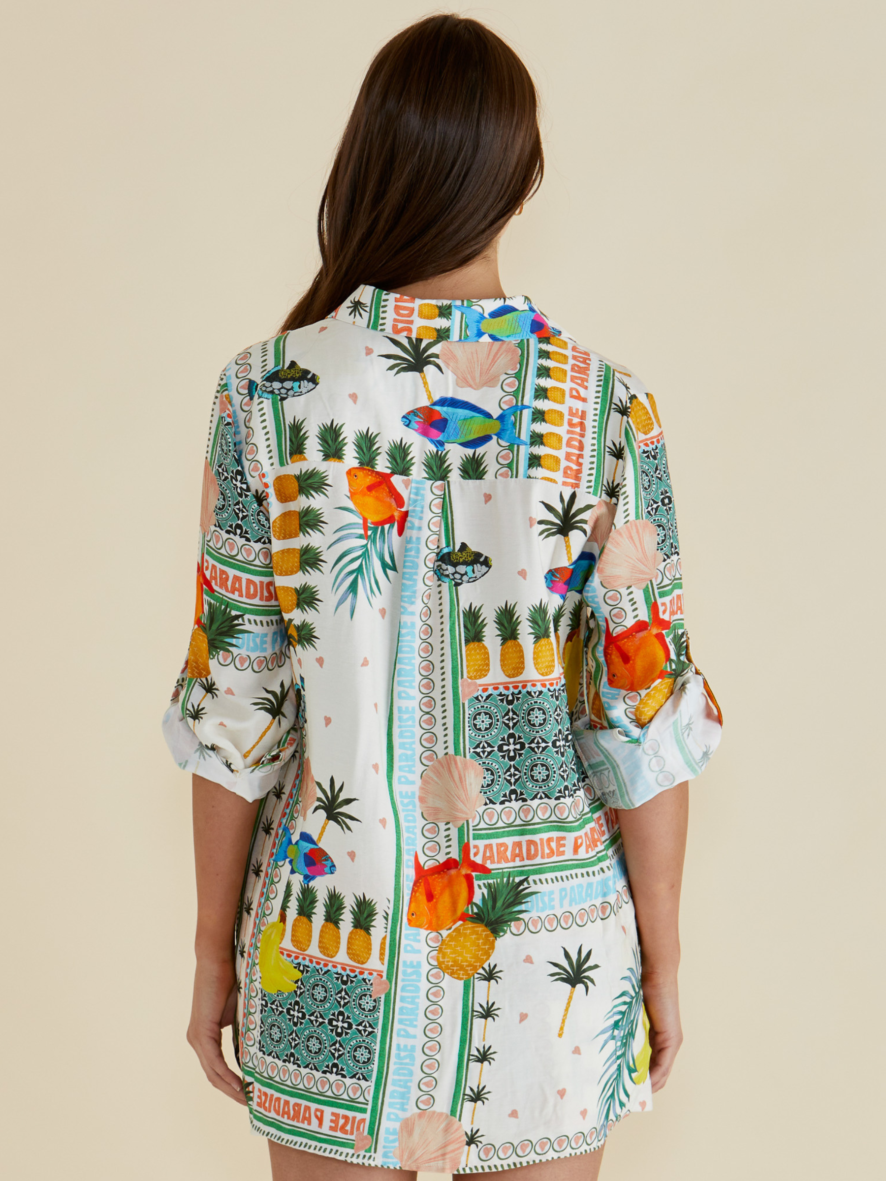 Betty Mills Shirt with classic collar, button-through front and colourful tropical “Paradise” patchwork print designed to match Malta Shorts.