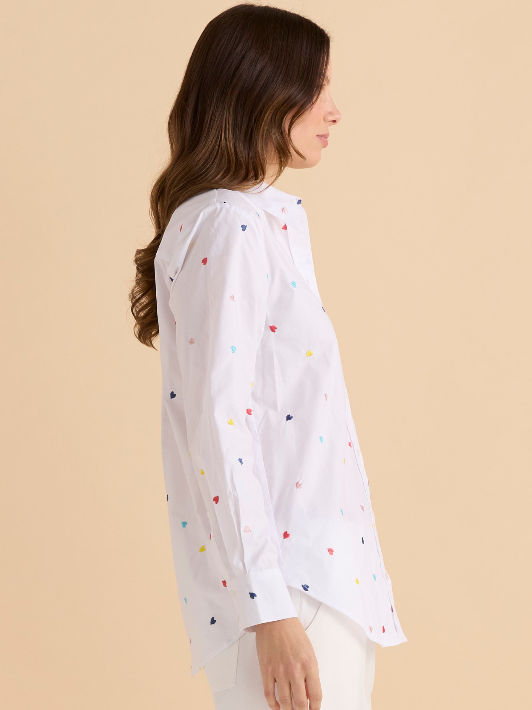 Betty Reid Shirt with collared neckline, button-through front, long sleeves and embroidered heart detail