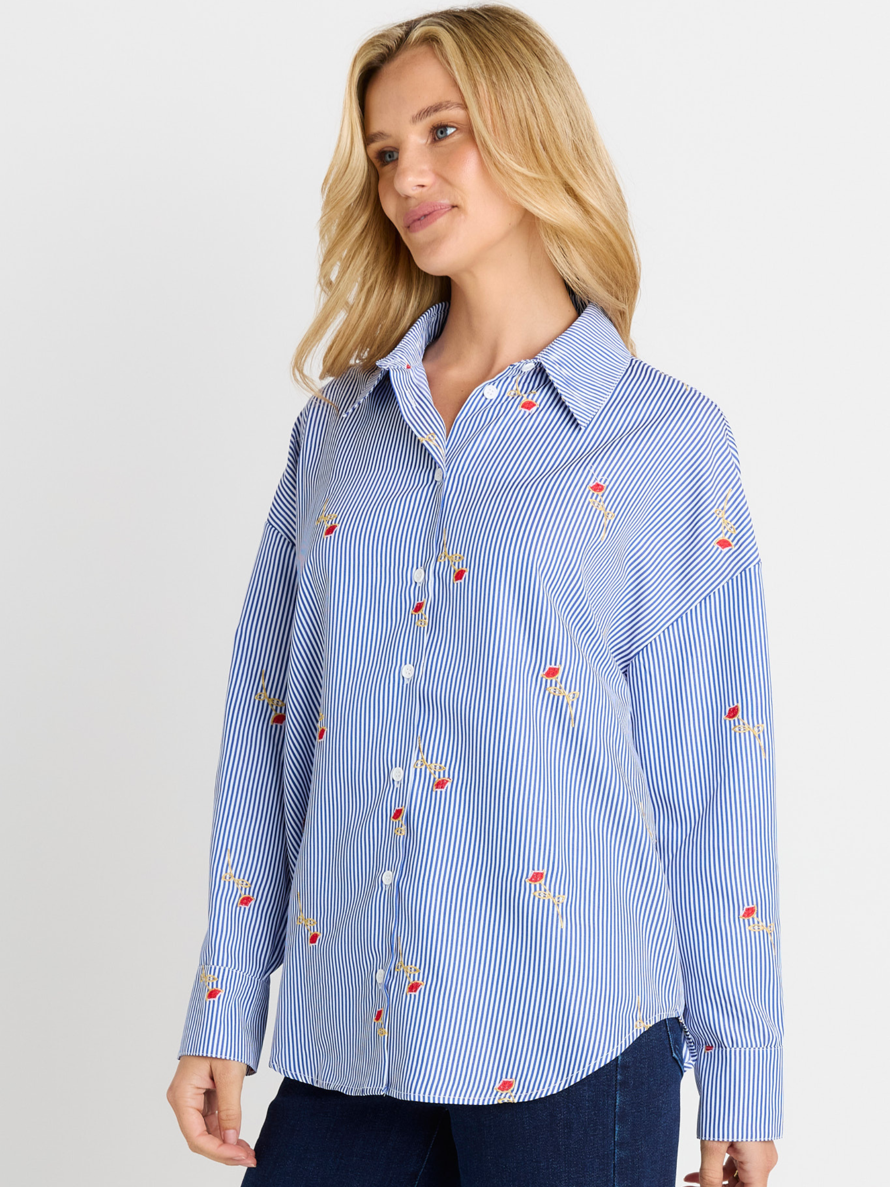 Betty Sage Shirt with collared neckline, long sleeves, stripe pattern and embroidered floral detail