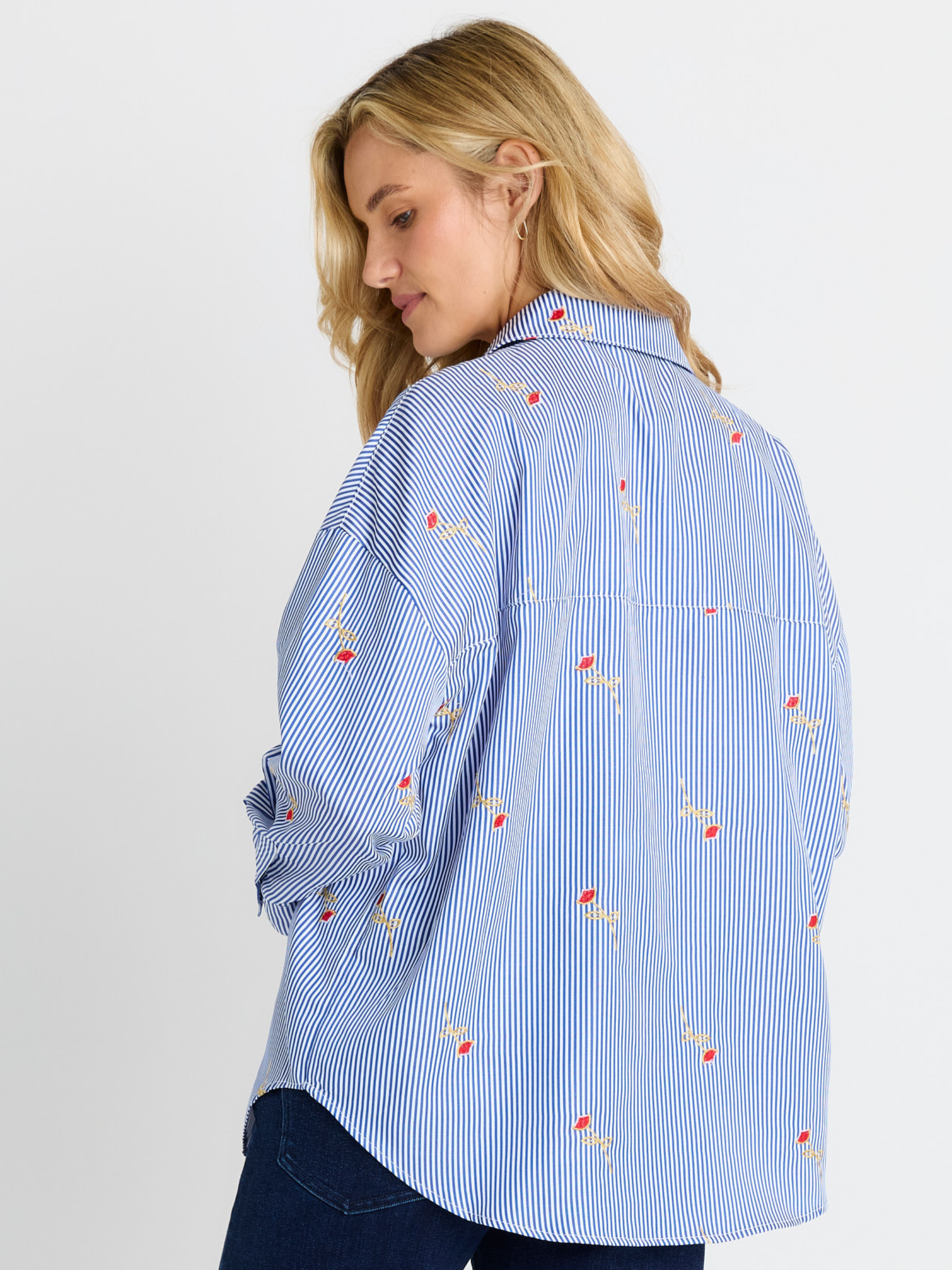 Betty Sage Shirt with collared neckline, long sleeves, stripe pattern and embroidered floral detail