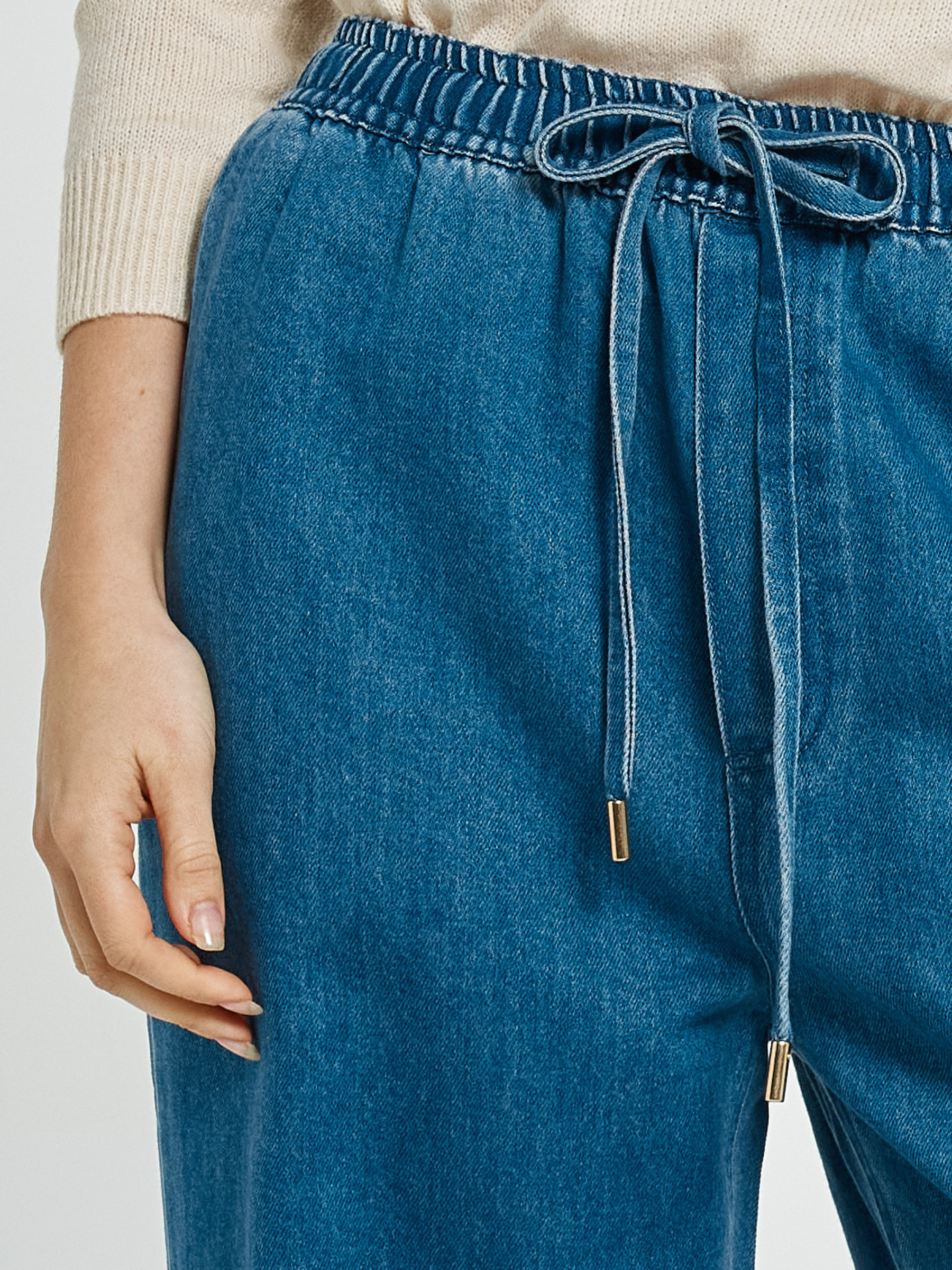 Betty Vespa Denim Jogger with elasticated drawstring waistband, side pockets and wide leg silhouette