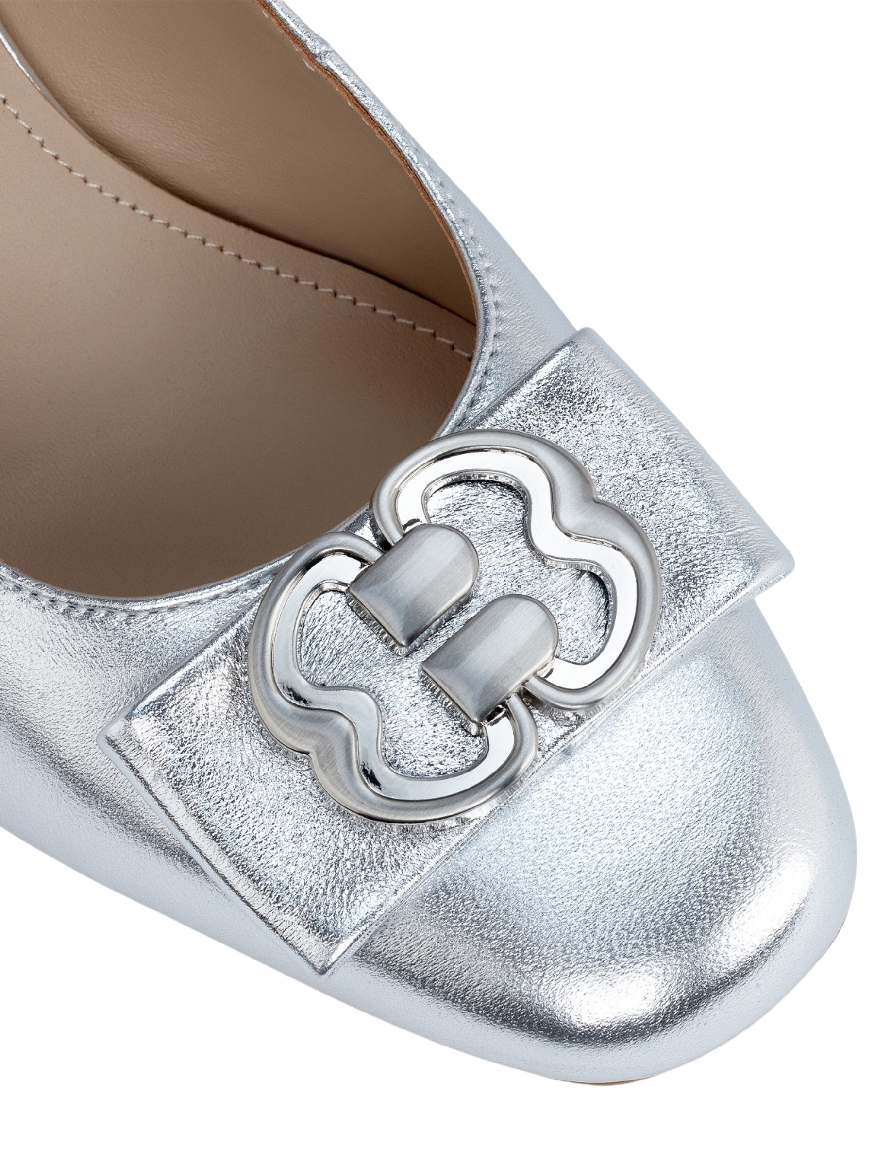 Capollini Alma rhodium slingback heels with metallic finish, block heel and elegant structured design.