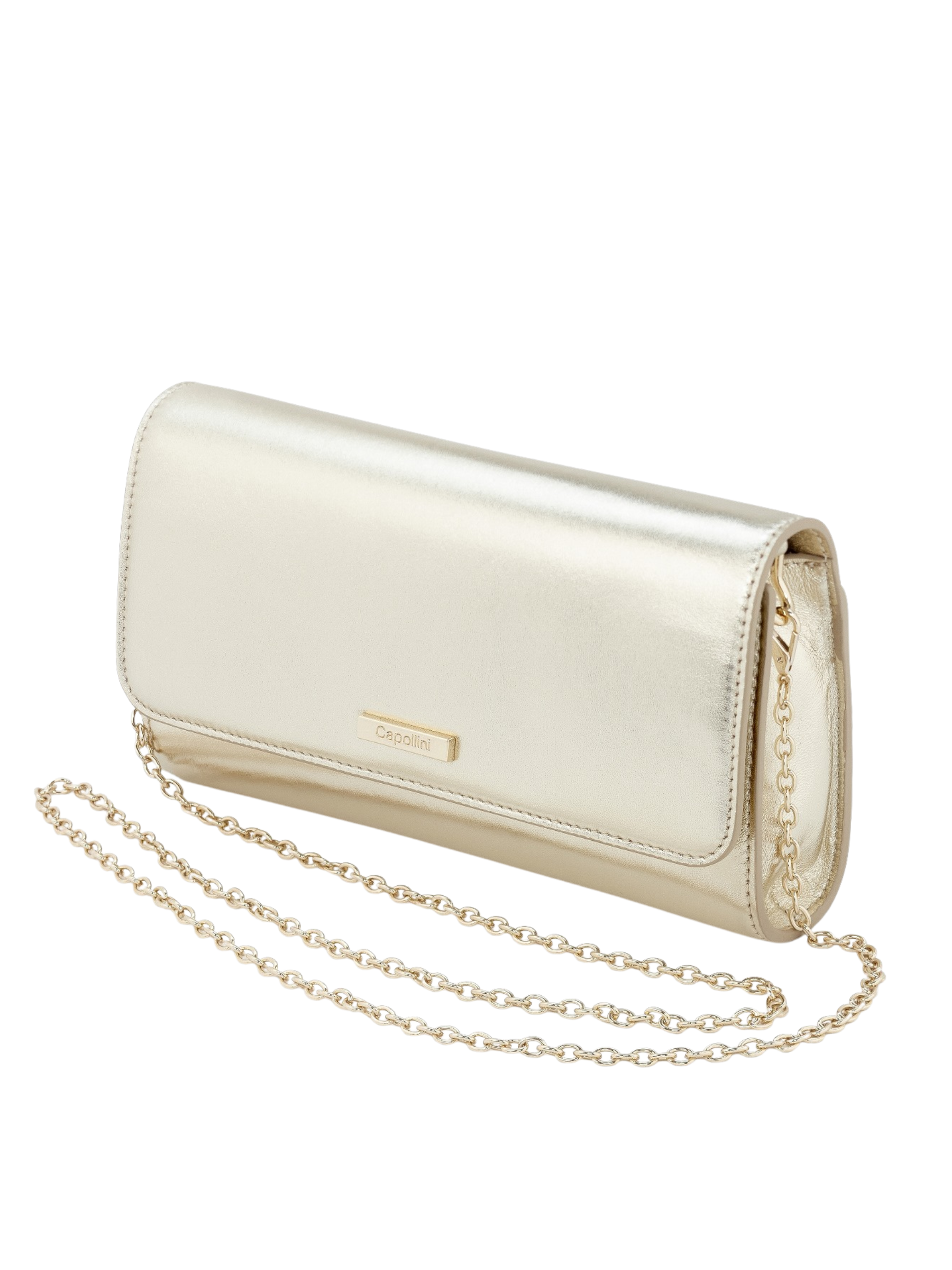 Capollini gold clutch bag with metallic finish, structured flap design and detachable gold chain strap.