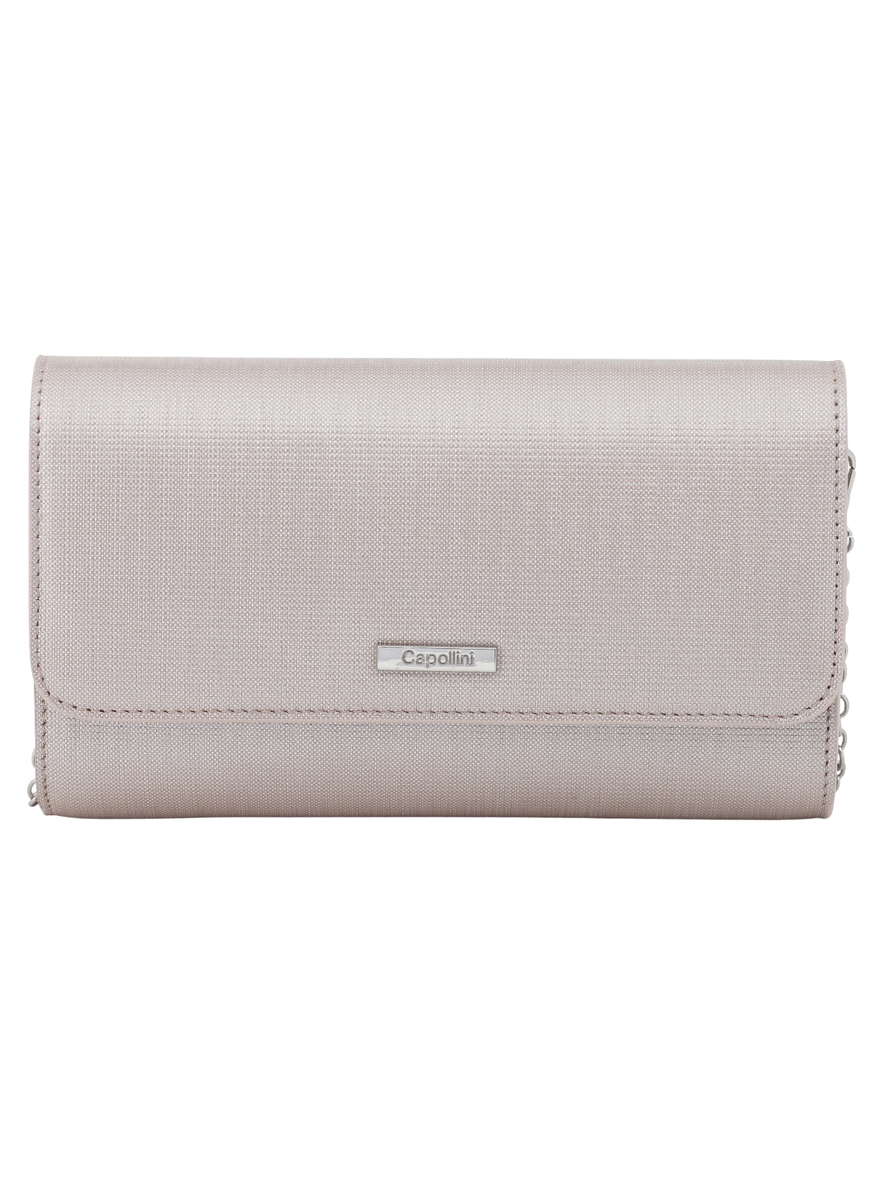 Capollini pearlised blush clutch bag with metallic finish, structured flap design and detachable gold chain strap.