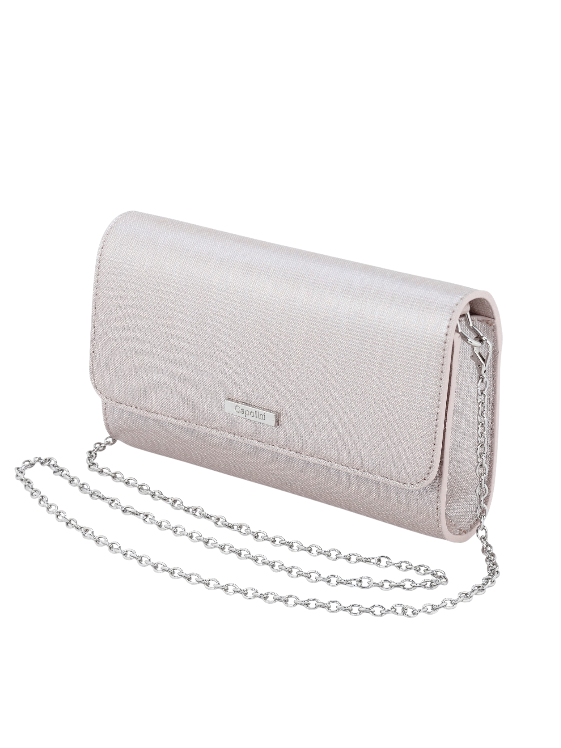 Capollini pearlised blush clutch bag with metallic finish, structured flap design and detachable gold chain strap.