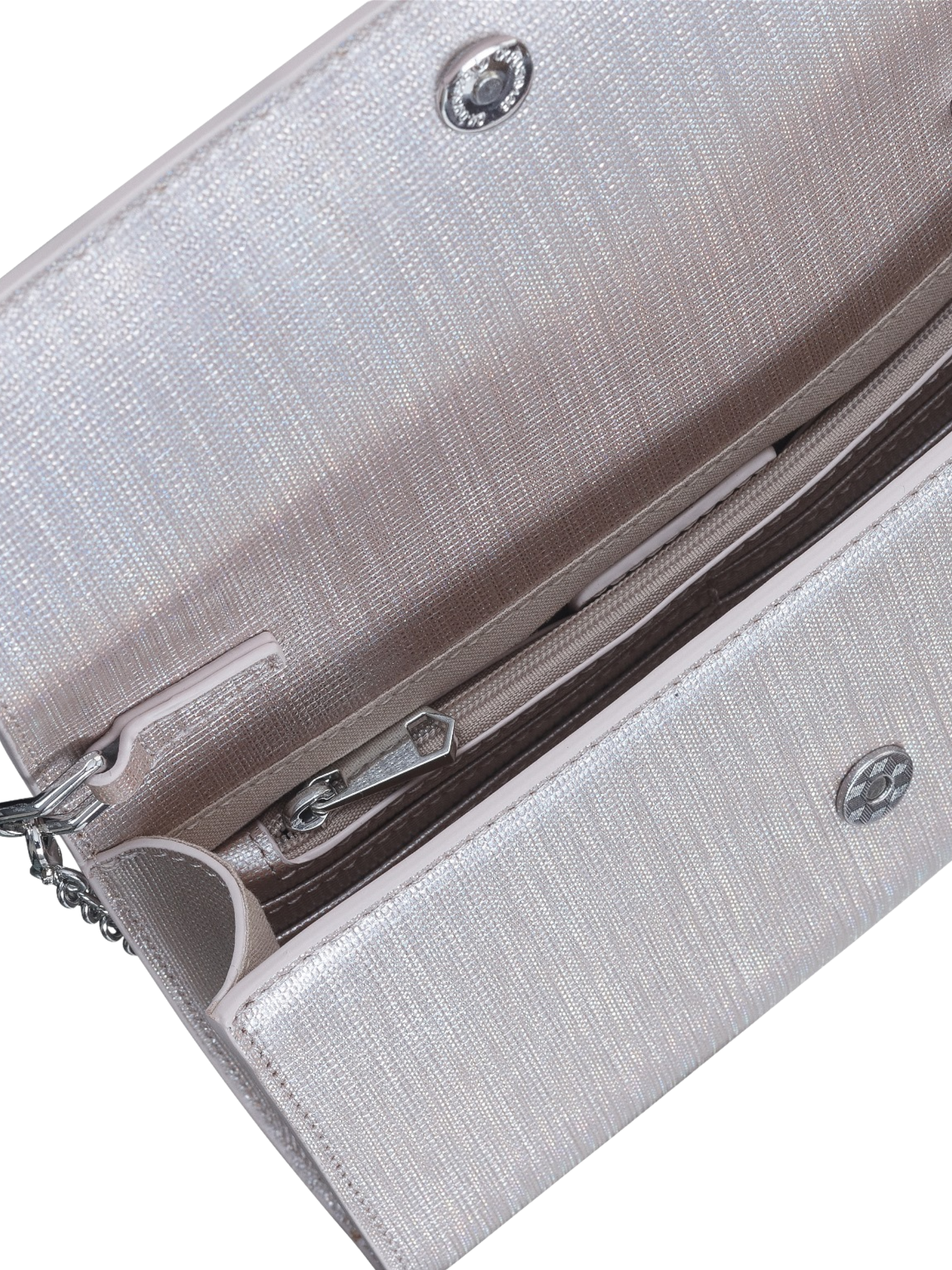Capollini pearlised blush clutch bag with metallic finish, structured flap design and detachable gold chain strap.