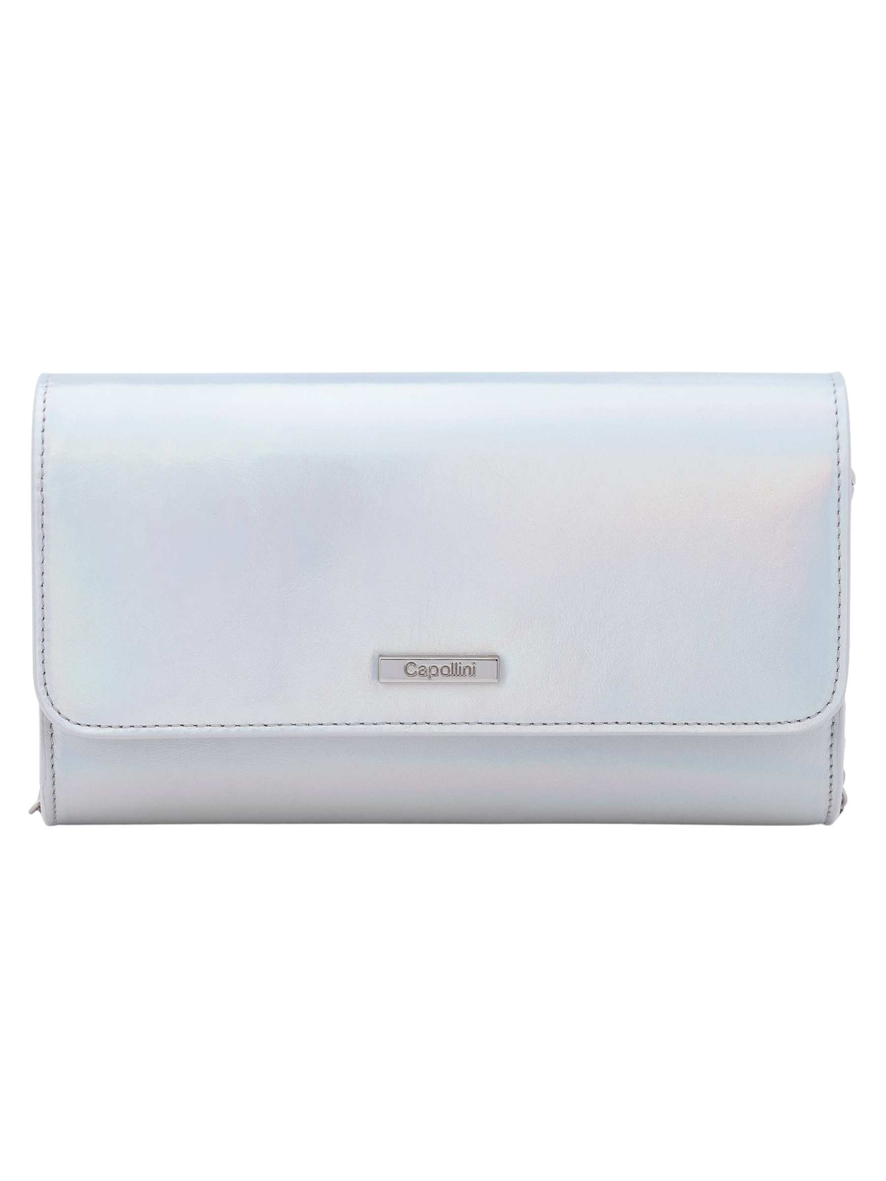 Capollini striped silver clutch bag with metallic striped finish, structured flap design and detachable silver chain strap.